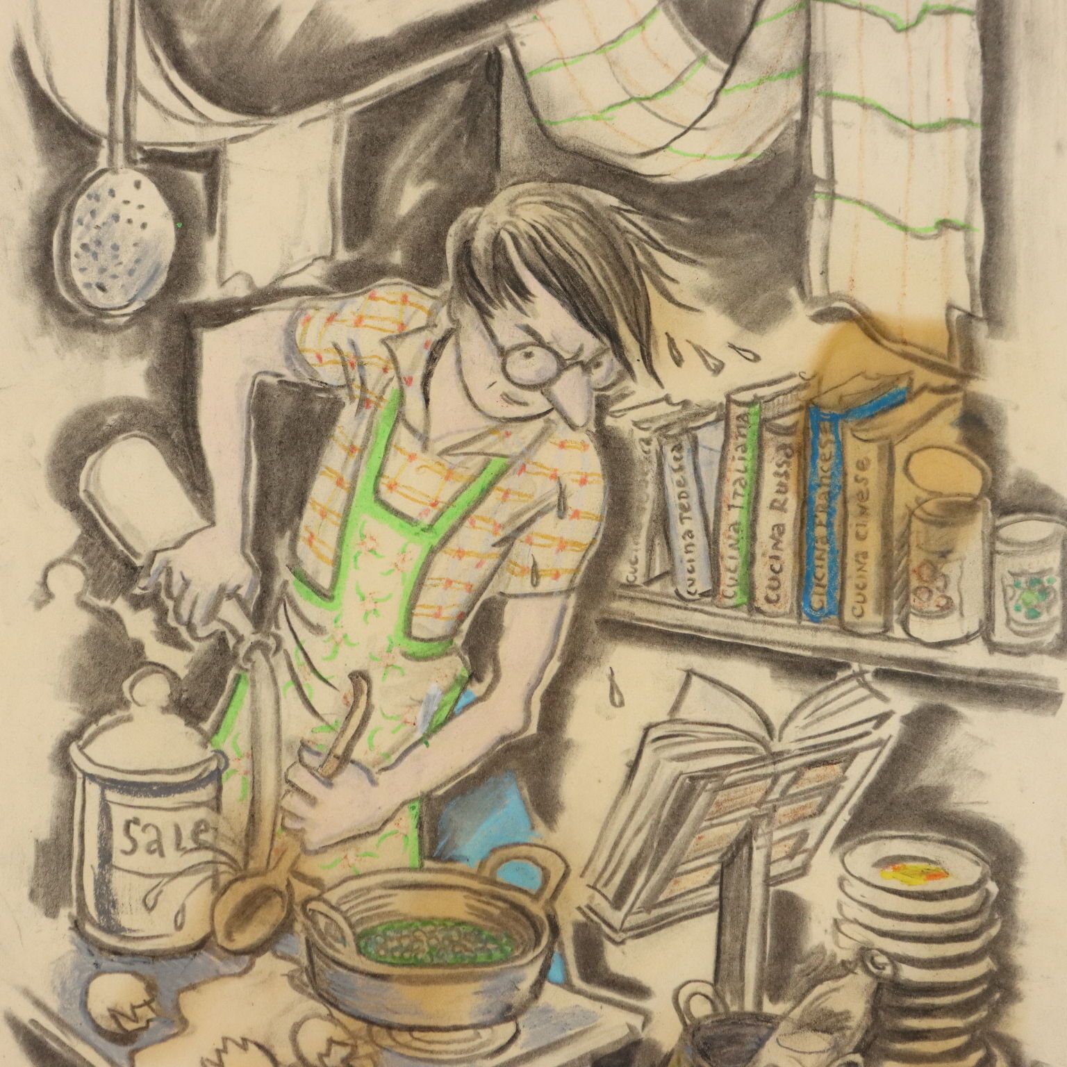 Modern Painting Signed Nicola Benois Man In The Kitchen XX Century photo for sale