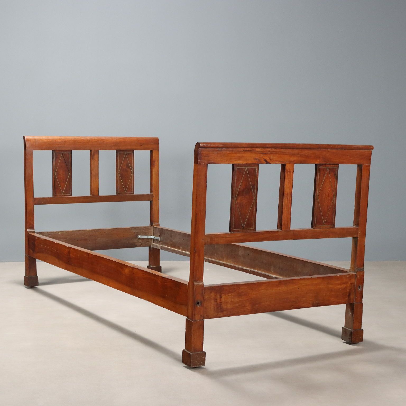 Antique Single Bed Empire Walnut Brass Italy XIX Century