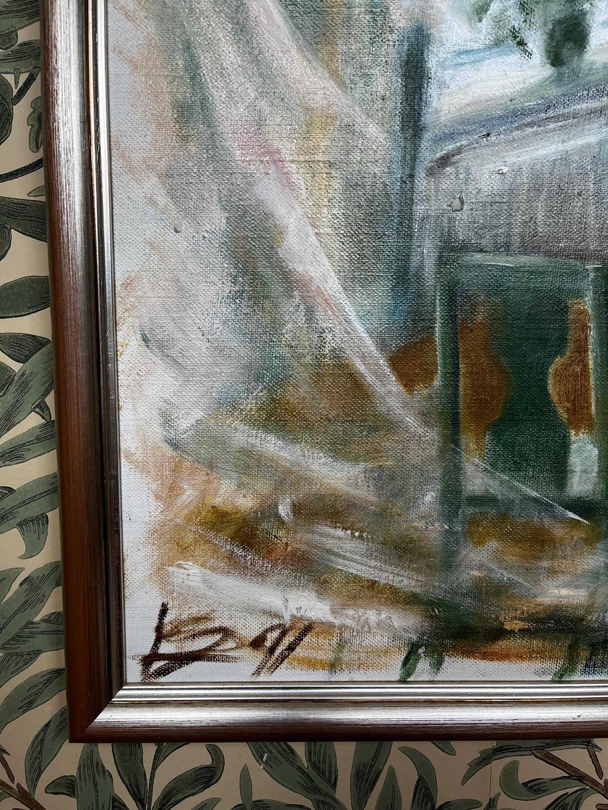 photo for sale Dreamy Interior Scene,  1991, Swedish Monogram Signed, Oil Painting On Streched Canvas