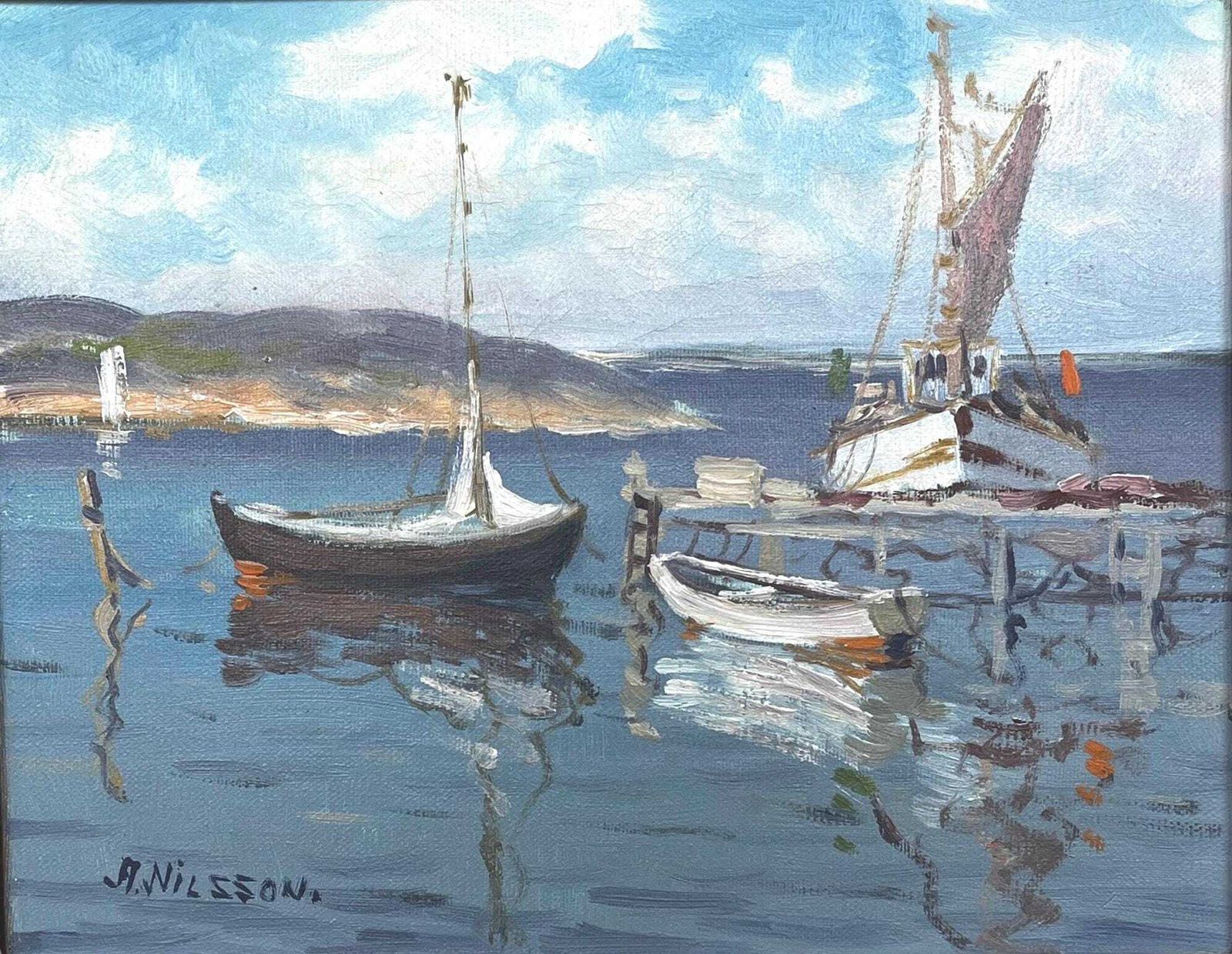 Coastal Scene With Boats 1950s Original Oil Painting By Algot Nilsson (1898 1976) Swedish Artist Vintage Scandinavian Marine Seascape Art photo buy