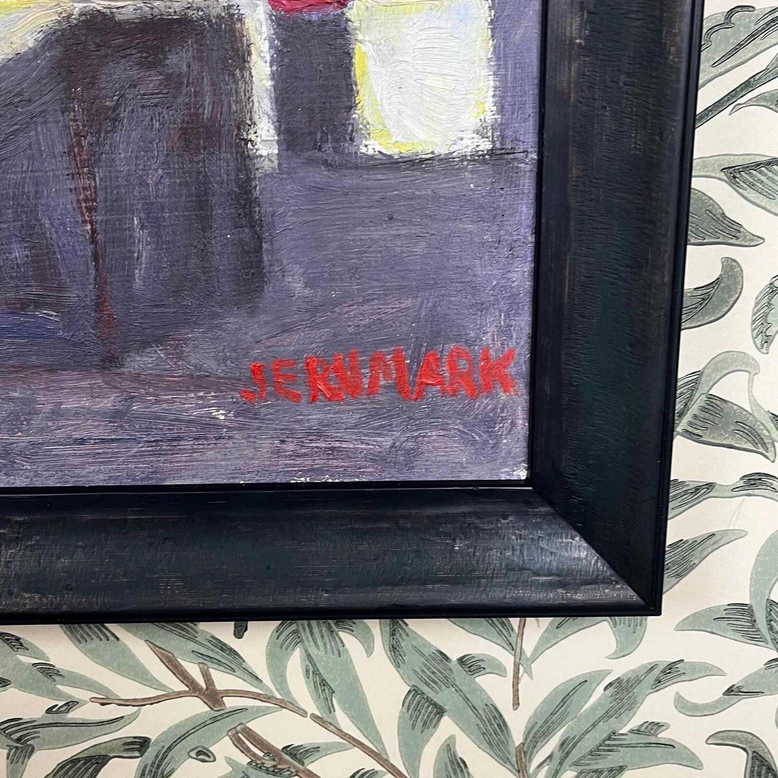 Yellow Sky Over The Harbor 1940s Industrial Modernist Original Oil Painting By Sigge Jernmark (1887 1982) Listed Swedish Artist Scandinavian photo for sale