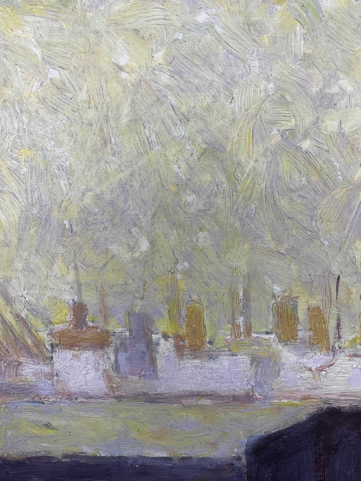 Yellow Sky Over The Harbor 1940s Industrial Modernist Original Oil Painting By Sigge Jernmark (1887 1982) Listed Swedish Artist Scandinavian photo vintage