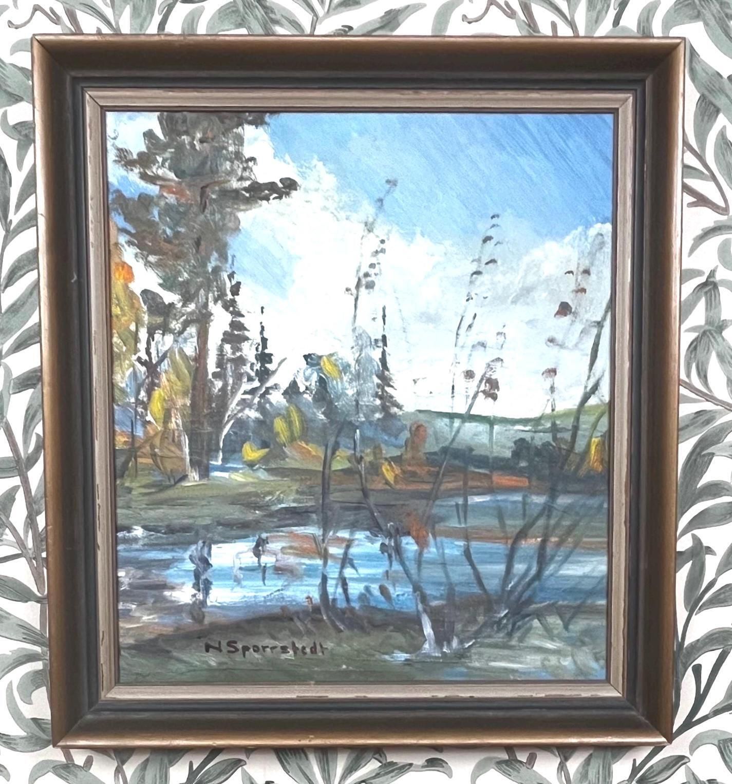 Fågeldamm 1944 By N Sporrstedt Swedish Landscape Original Oil Painting Vintage Scandinavian Wall Art photo vinterior