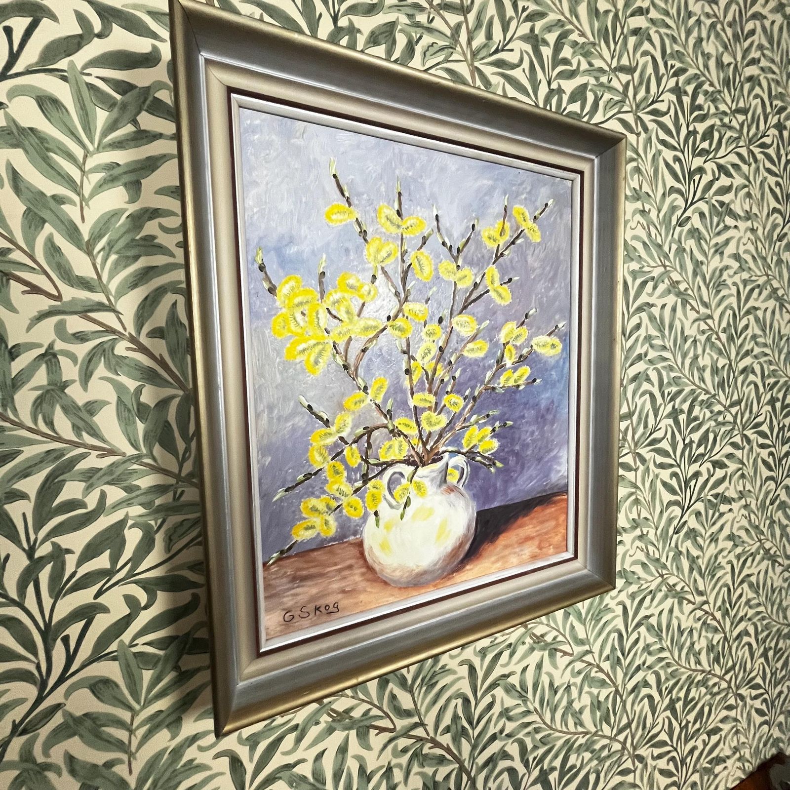 Willow Flowers, 1940s, Swedish Artist G Skog, Oil Painting On Board photo for sale