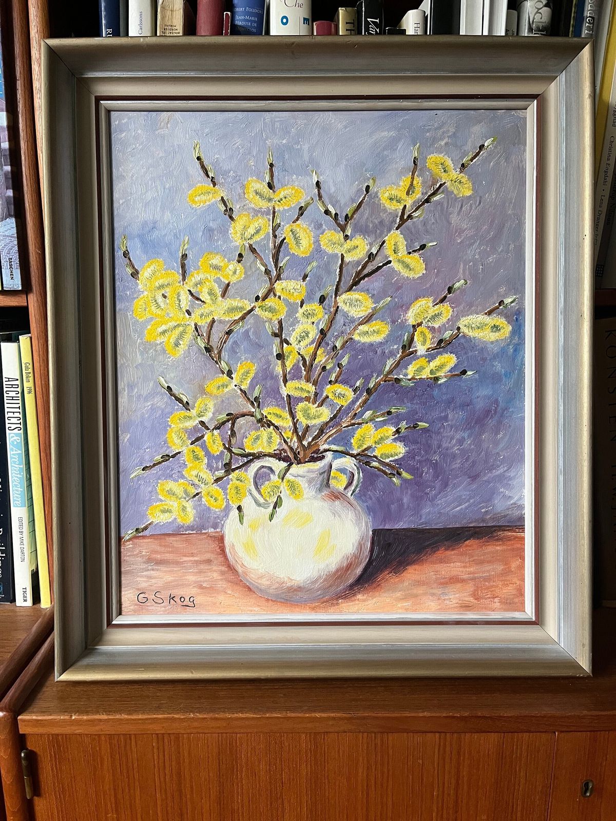 Willow Flowers, 1940s, Swedish Artist G Skog, Oil Painting On Board photo vinterior