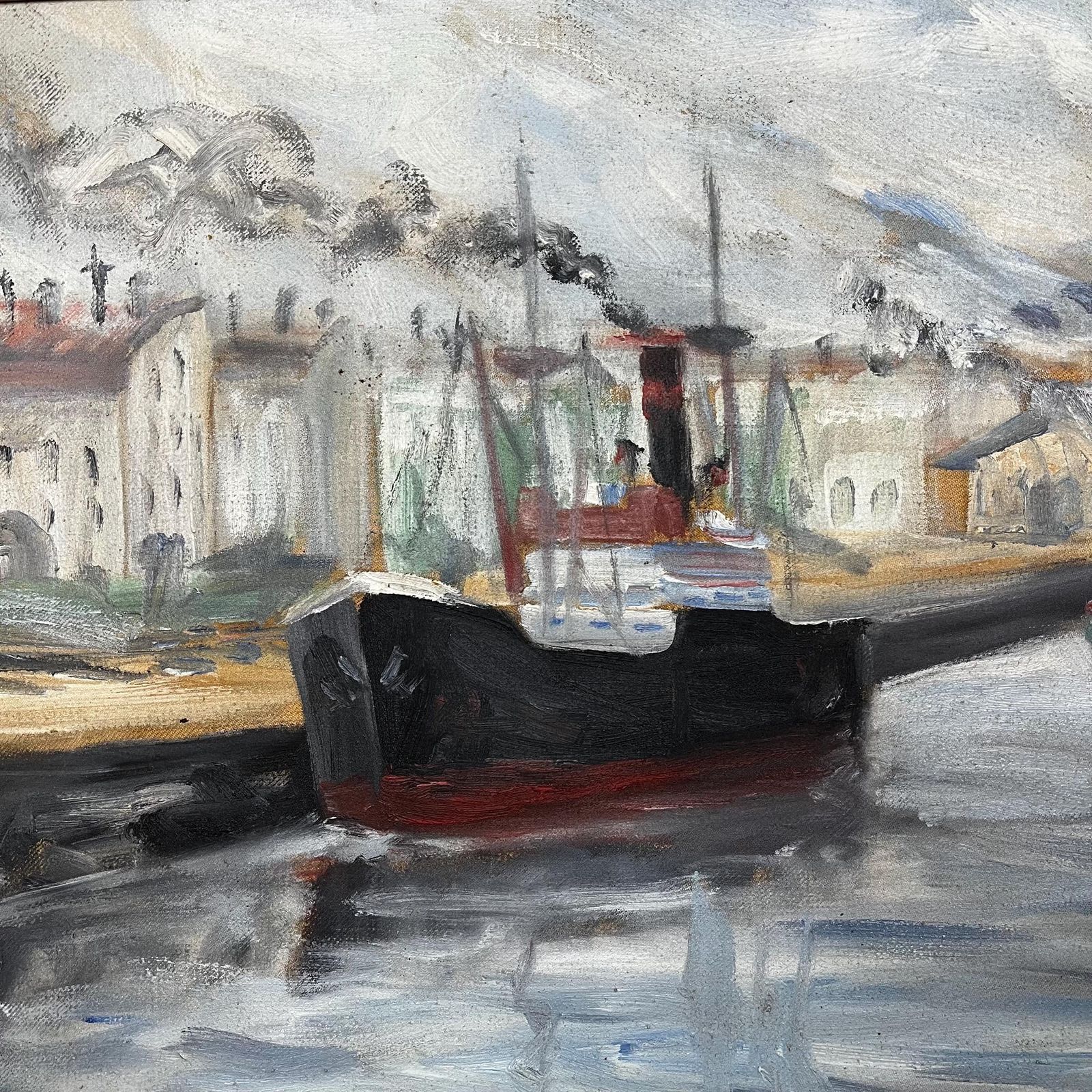 Gothenburg Harbor Scene, 1945,  Monogram Signed, Oil On Stretched Canvas photo vintage
