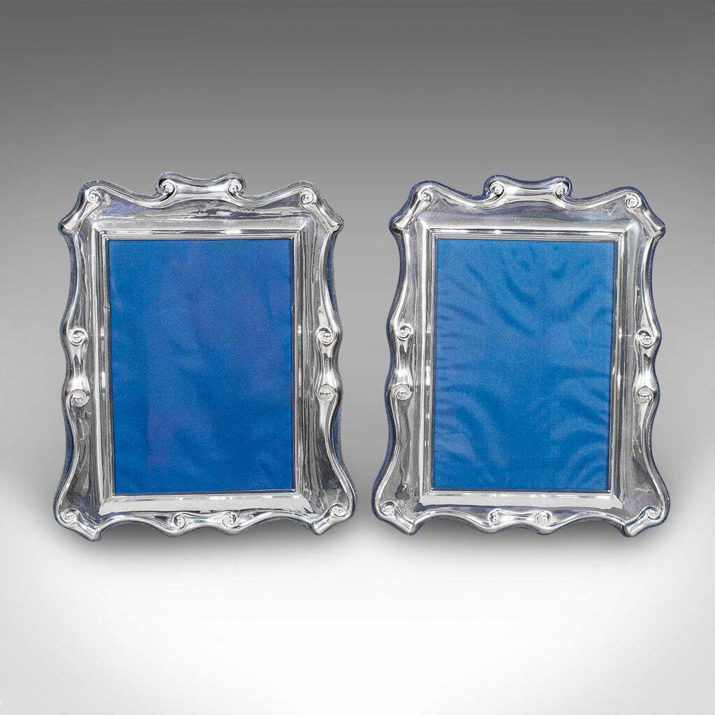 Pair Of Vintage Portrait Picture Frames, English, Silver Plate, 5x7, Art Deco photo furniture