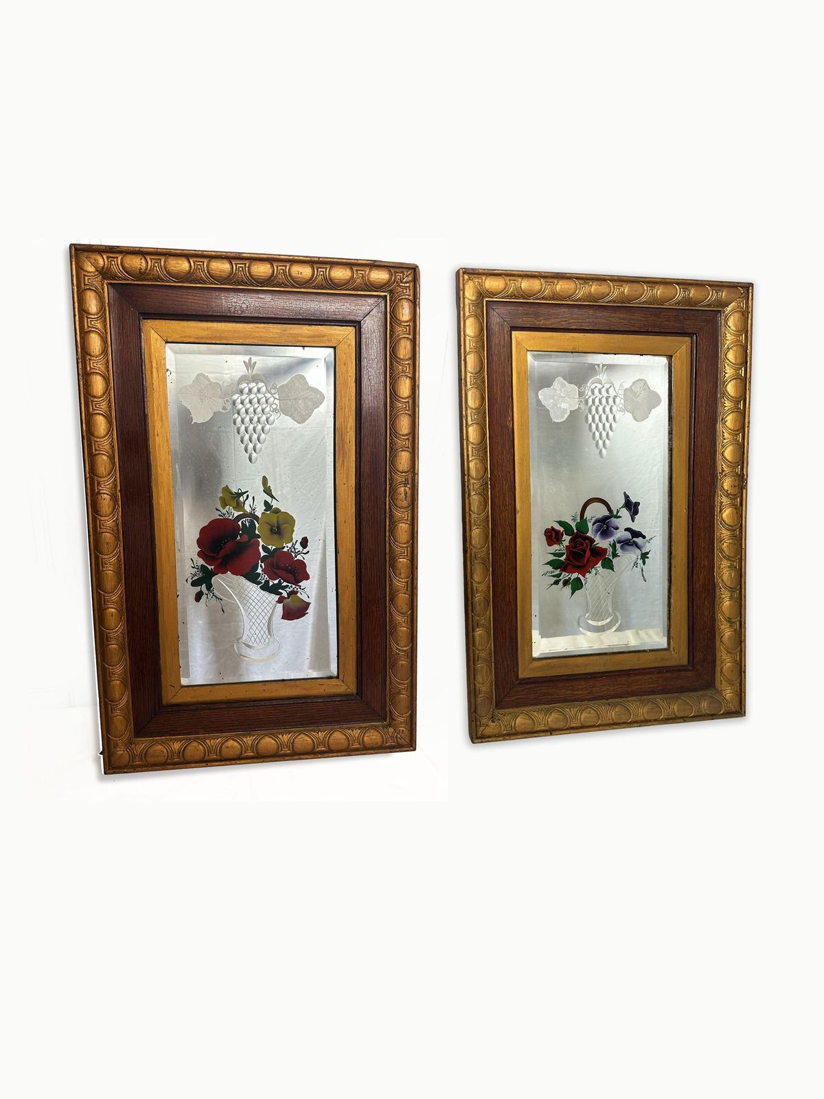 Unique Pair Of Edwardian Antique Italian Venetian Carved Reverse Painted Floral Mirrors 1901 1910