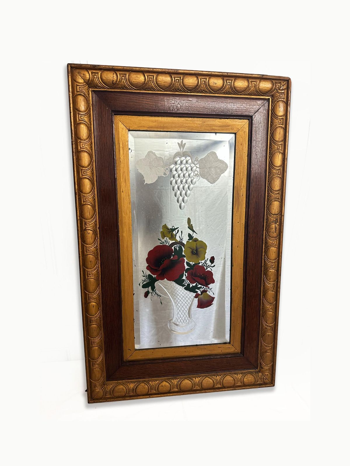 Unique Pair Of Edwardian Antique Italian Venetian Carved Reverse Painted Floral Mirrors 1901 1910 photo 999.0