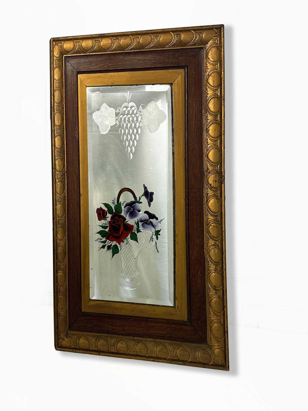 photo for sale Unique Pair Of Edwardian Antique Italian Venetian Carved Reverse Painted Floral Mirrors 1901 1910