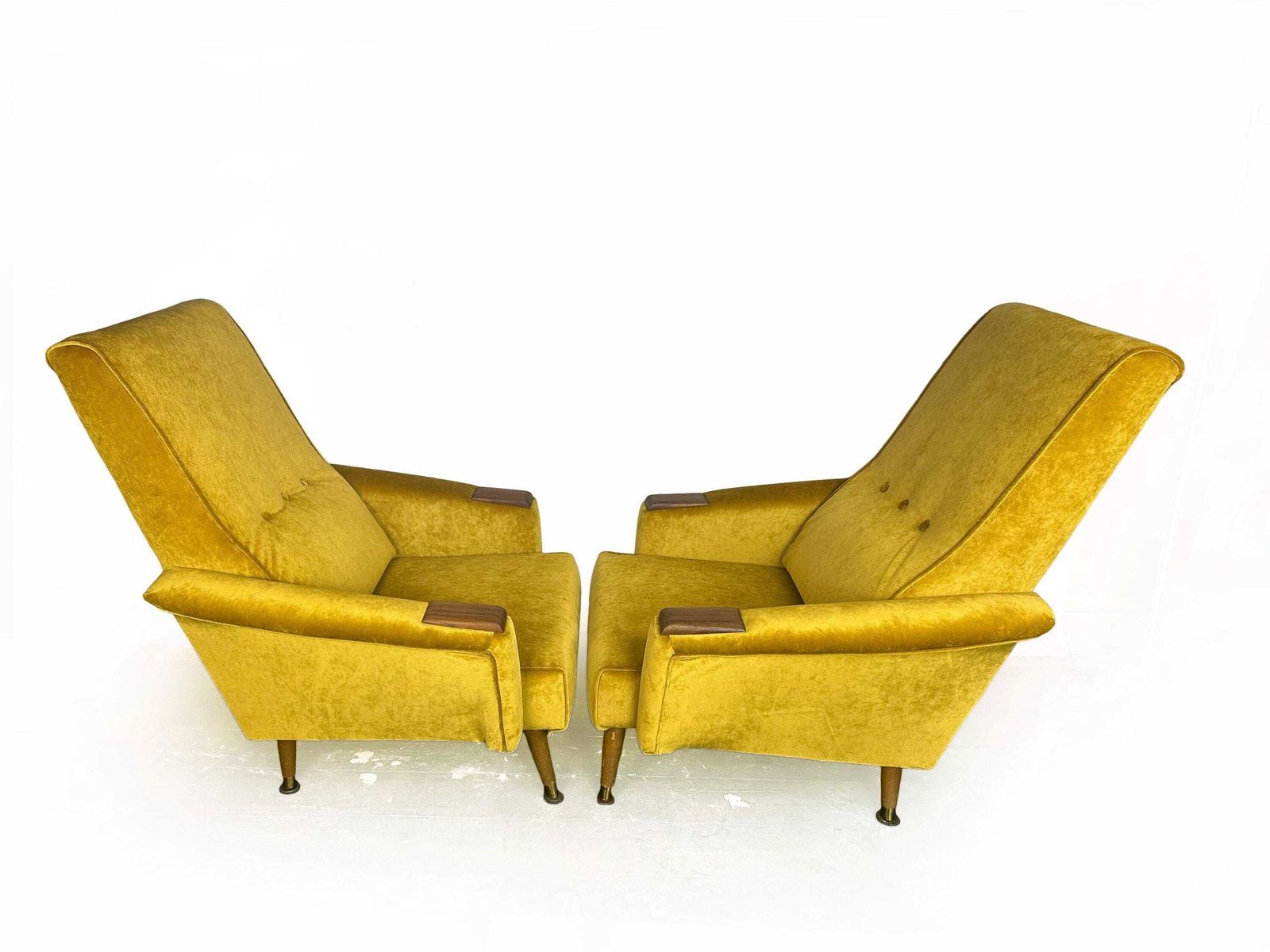 Fully Reupholstered Pair Of Mid Century 1960's Fireside Armchairs With Teak Wood Detailing photo vinterior