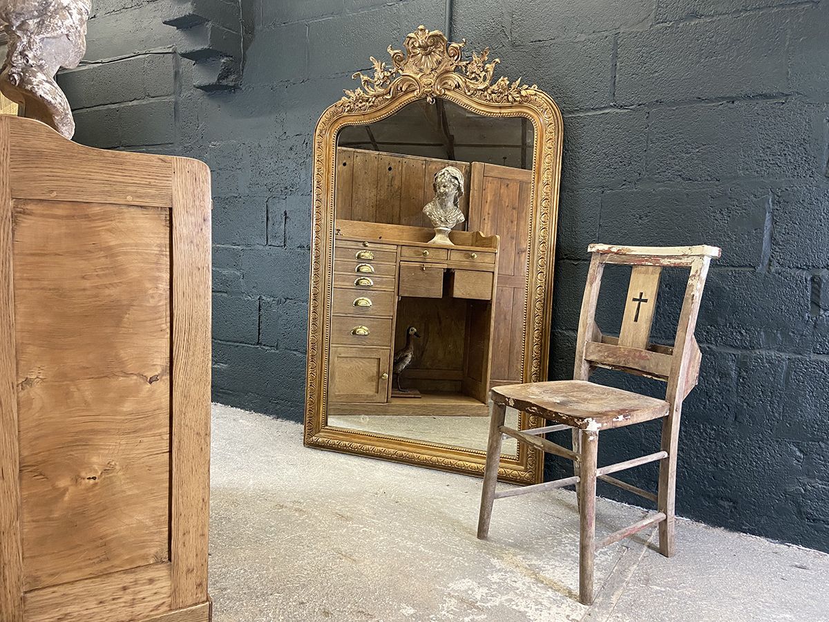 Large Arched Top French Overmantel Wall Mirror, 19th Century.