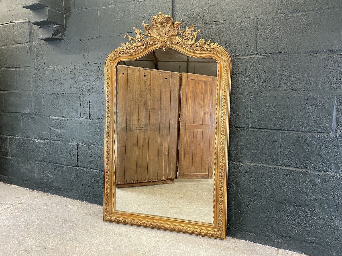 Large Arched Top French Overmantel Wall Mirror, 19th Century. photo for sale
