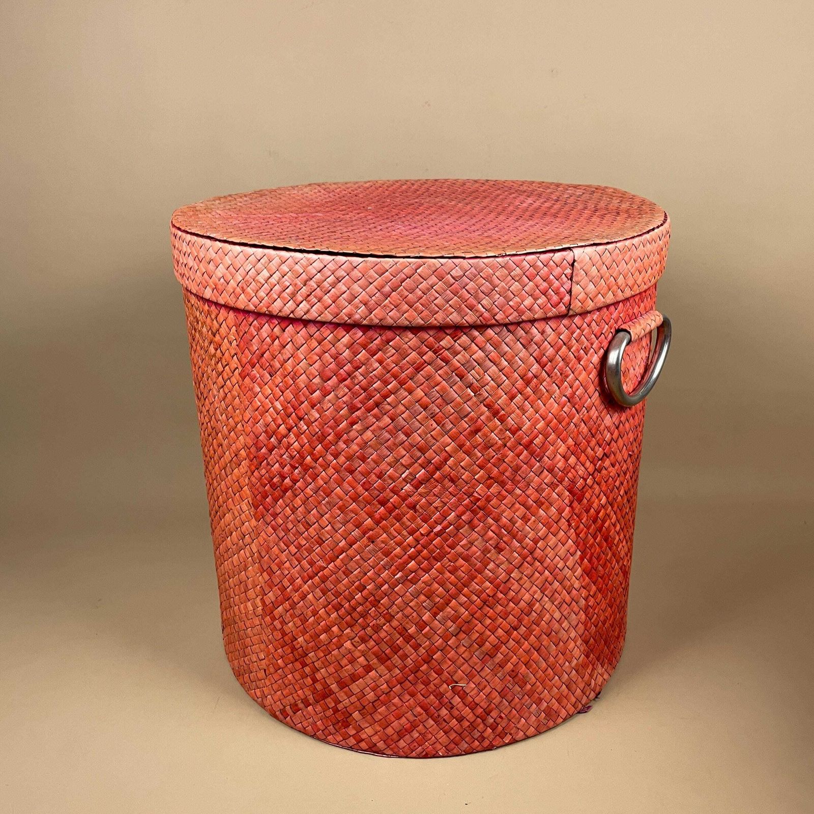 photo for sale Set Of 3 Pink Vintage Round Baskets Woven Wicker Cylinder Storage Farmhouse Cottage Decor Laundry Cane Wood Lidded Lid Silver Handles Toys