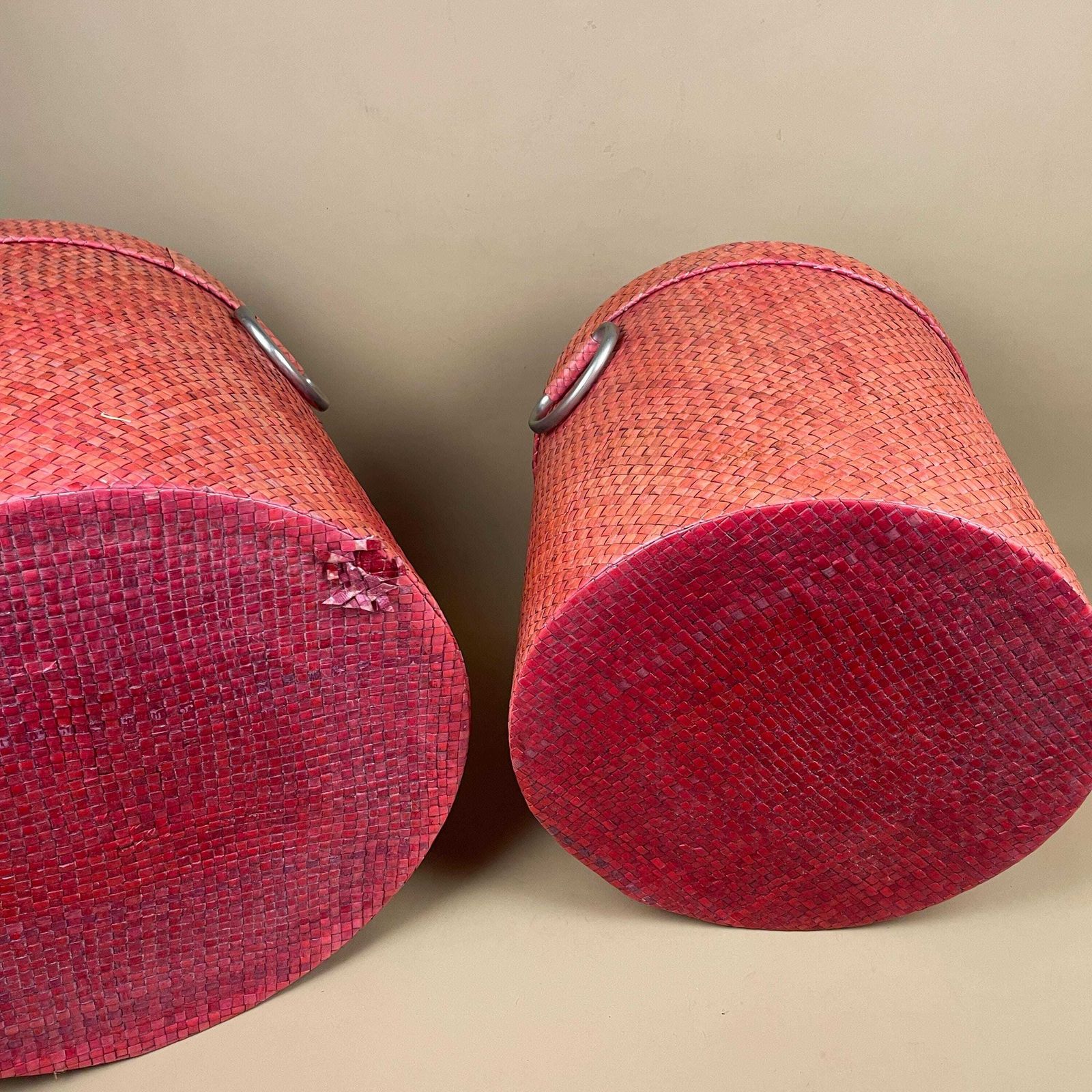 photo buy Set Of 3 Pink Vintage Round Baskets Woven Wicker Cylinder Storage Farmhouse Cottage Decor Laundry Cane Wood Lidded Lid Silver Handles Toys