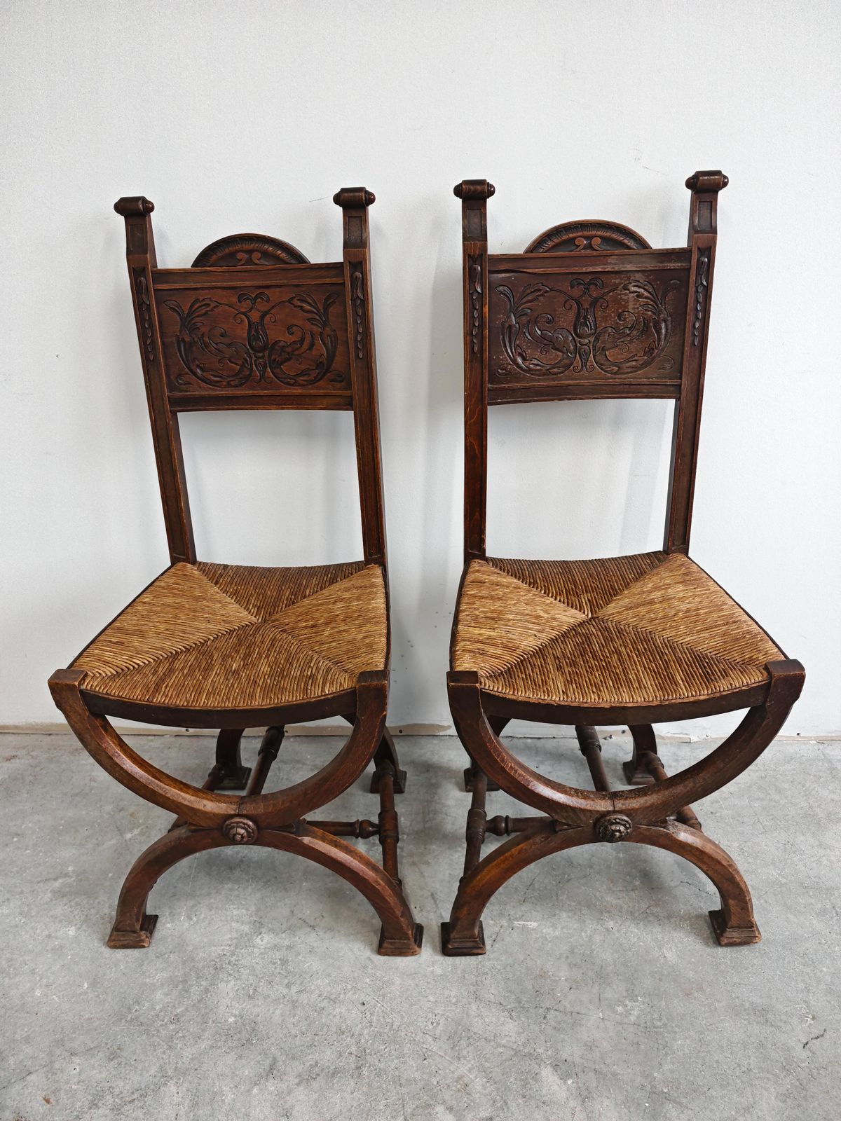 Pair Of Neo Renaissance Side Chairs In Oak With Rush Seats, France 1910s photo furniture