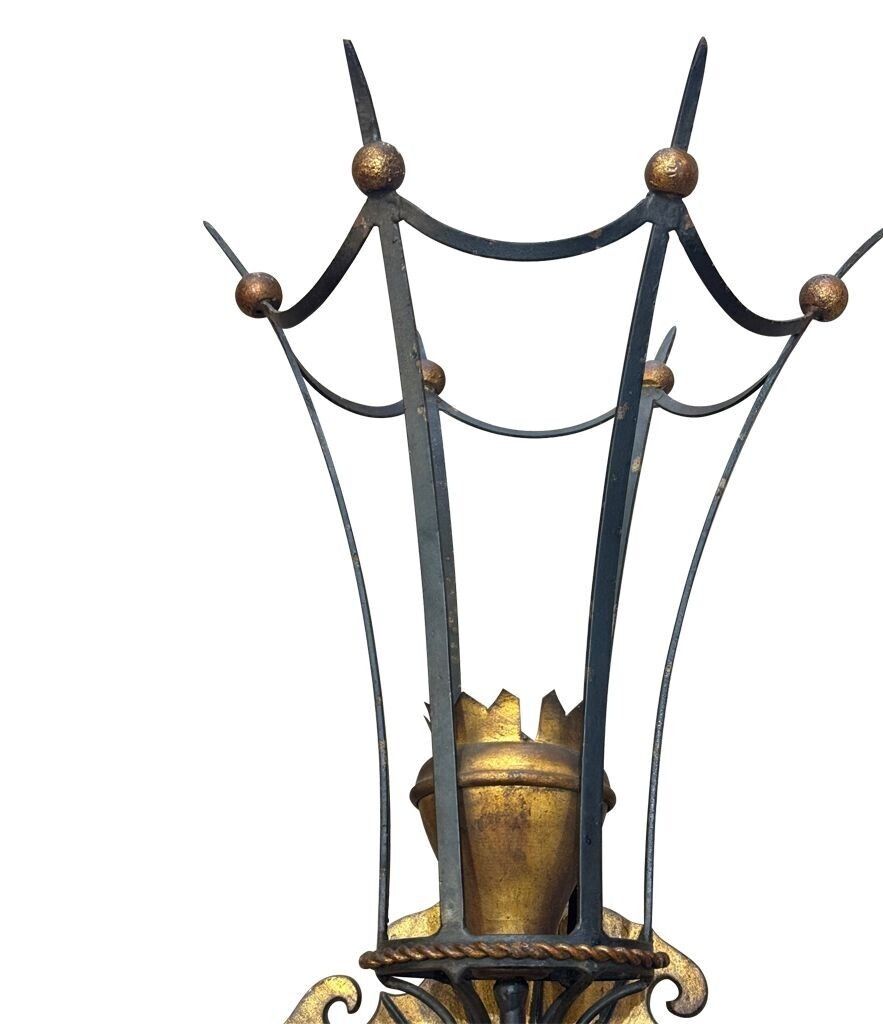 A Large Pair Of Italian 1940s Torchiere Gilt And Black Metal Wall Sconces photo vinterior