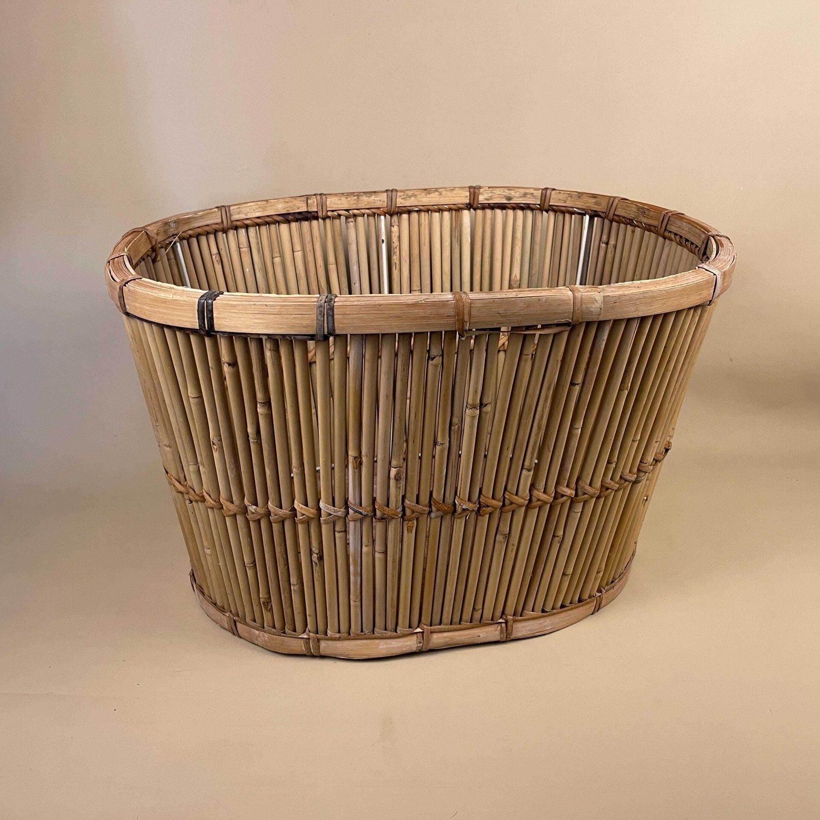 Vintage Bamboo Oval Basket Plant Pot Planter Woven Wicker Brown Antique Storage Farmhouse Cottage Decor Display Handmade Toy Logs