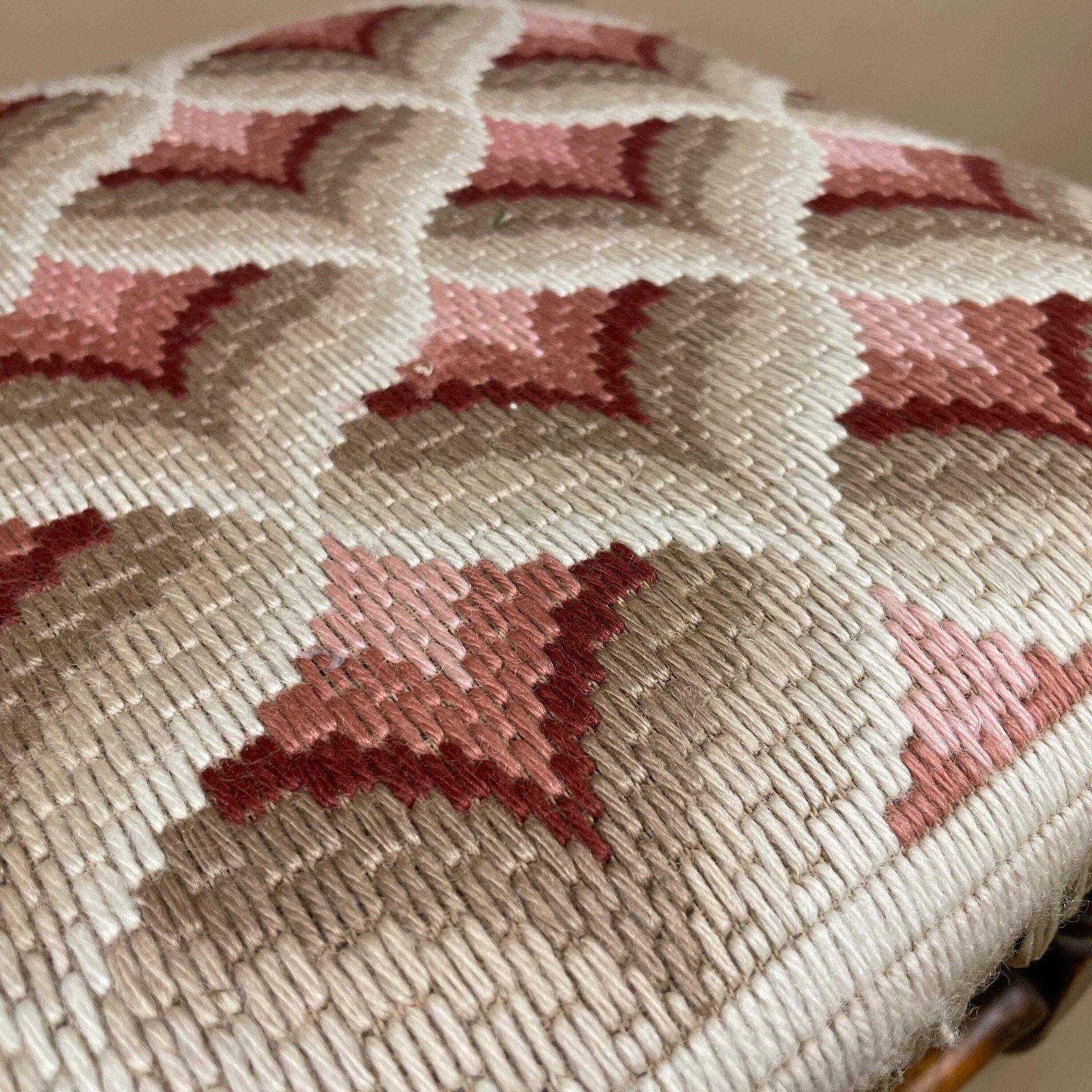 Vintage Upholstered Footstool Pink Cream Retro Pattern Fringe Trim Wooden Frame Mid Century Small Stool Upholstered Ottoman Cottage Decor photo for sale