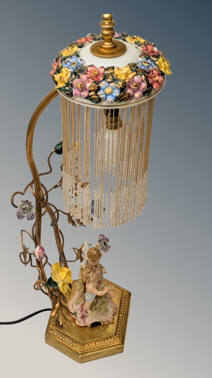 Antique French Porcelain Cherub Lamp Beaded Shade Gilt Toleware photo vintage
