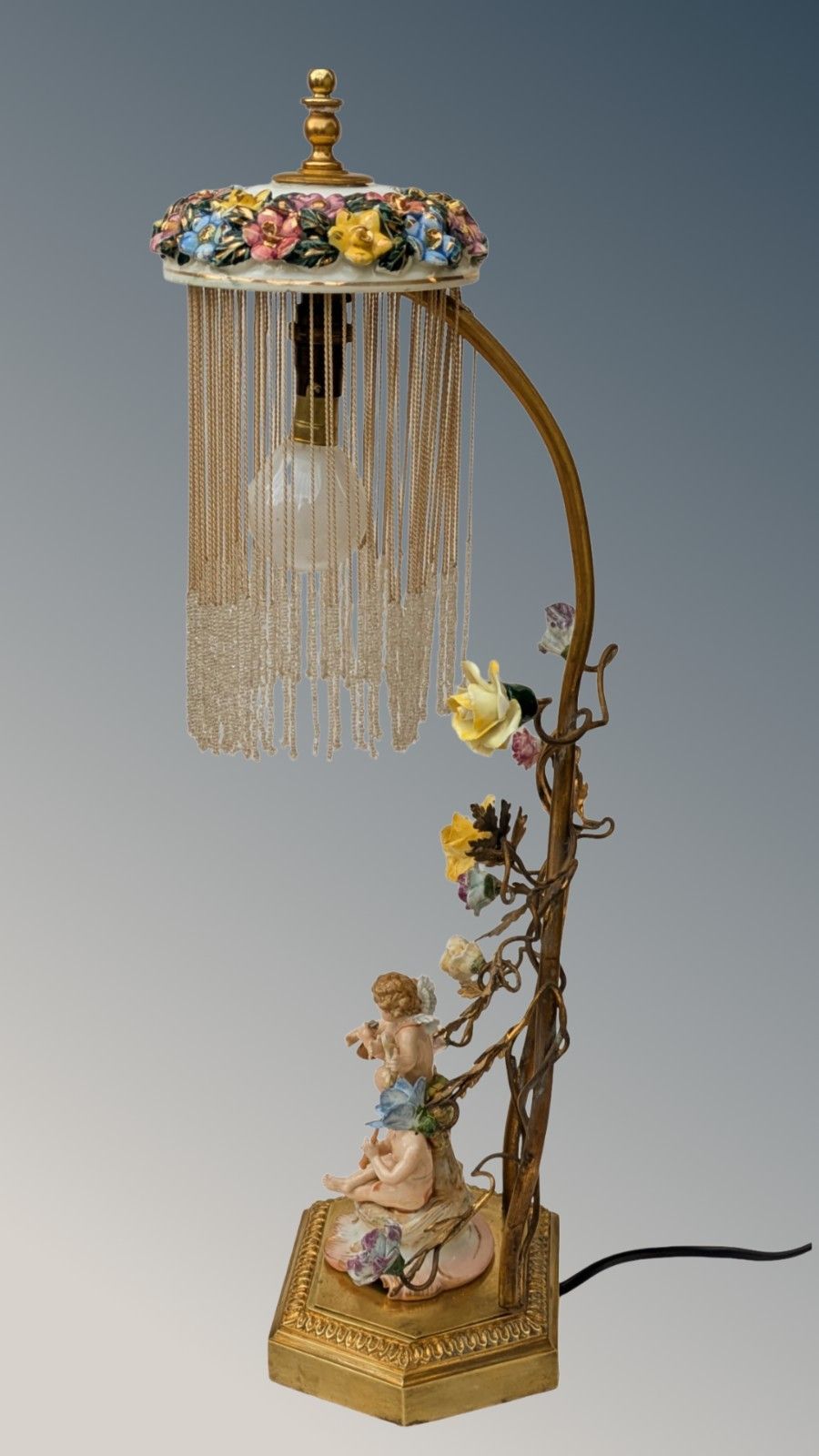 Lighting Antique French Porcelain Cherub Lamp Beaded Shade Gilt Toleware photo