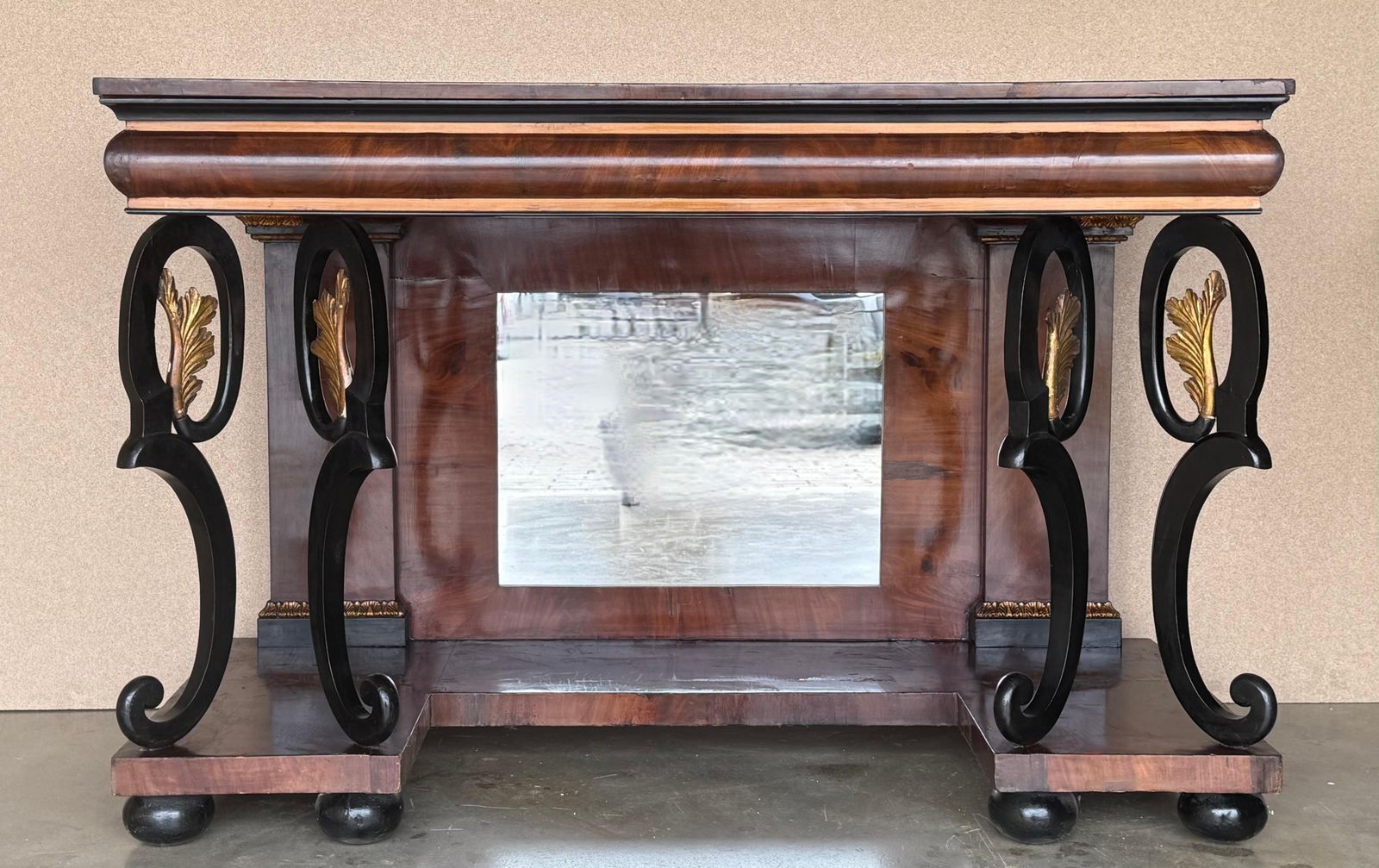 Austrian Empire Console Table With Back Mirror And Swan Pedestals photo for sale
