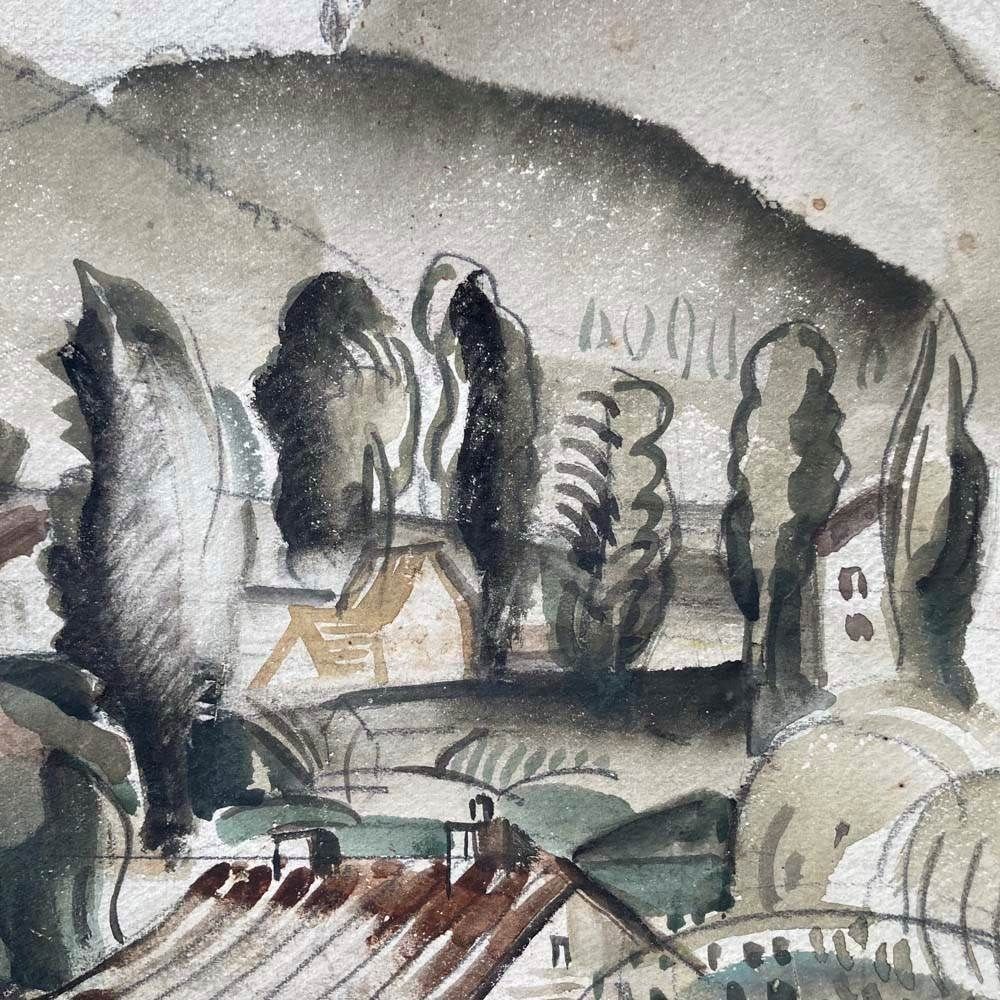 Mid Century Watercolour Painting   Rural Landscape photo vinterior