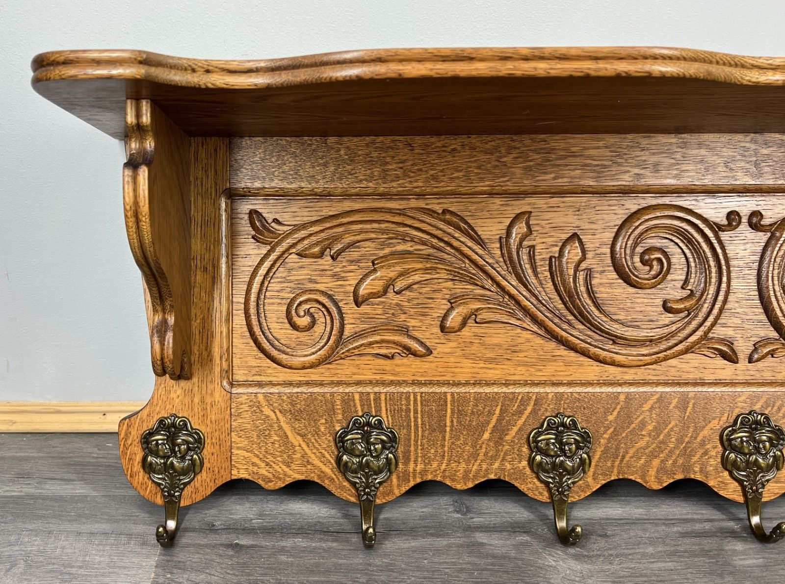 French Vintage Coat Rack Oak 7 Hooks Ornate Wall Shelf Carved Coat Lot 4238 photo for sale