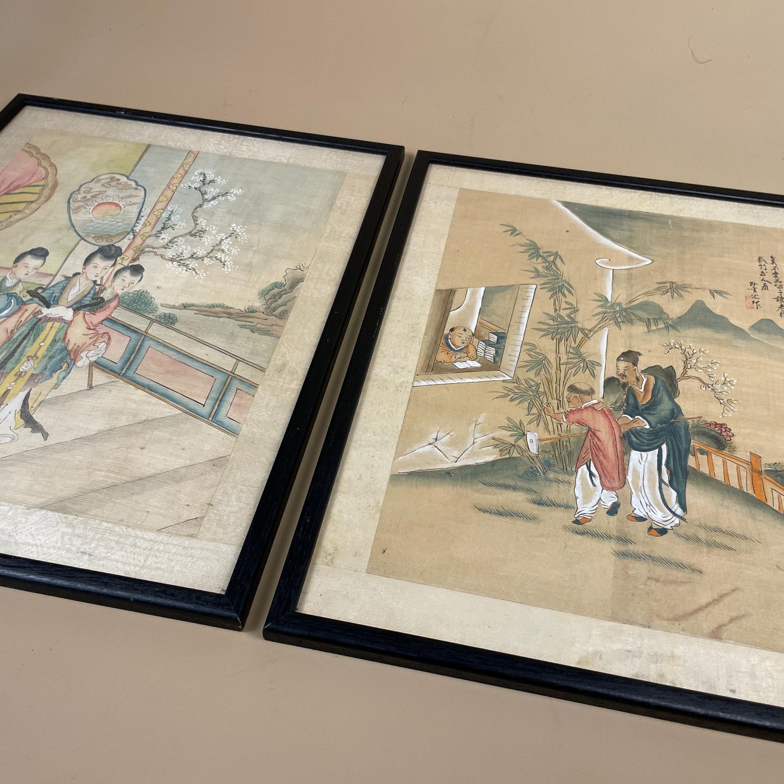 Pair Of Antique Japanese Oriental Art Hand Painted 43x34cm Picture Wood Black Frame Framed Original Art Work Old Fabric Cloth photo furniture