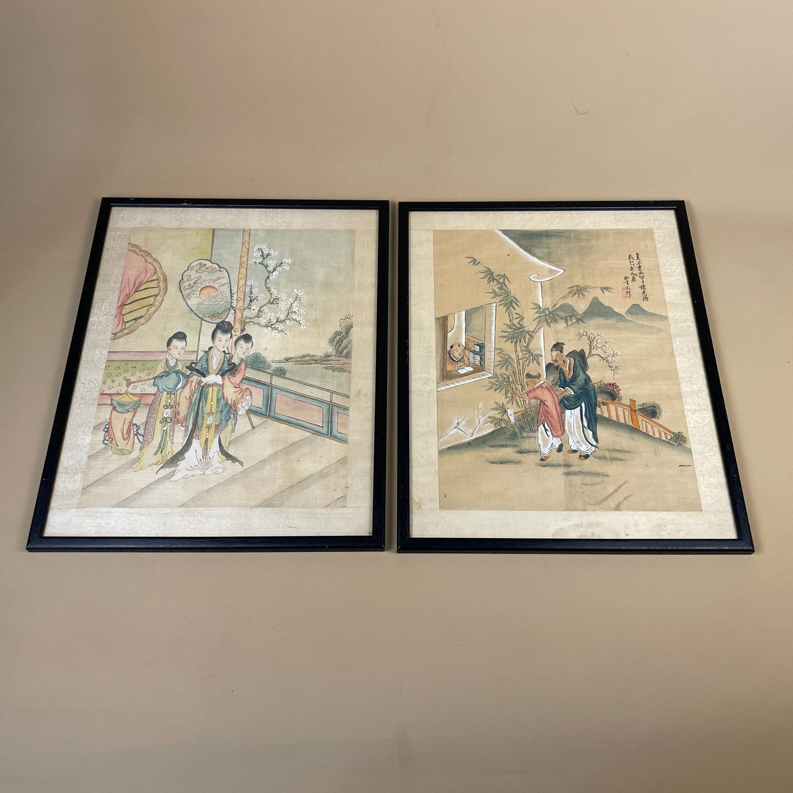 Pair Of Antique Japanese Oriental Art Hand Painted 43x34cm Picture Wood Black Frame Framed Original Art Work Old Fabric Cloth photo for sale