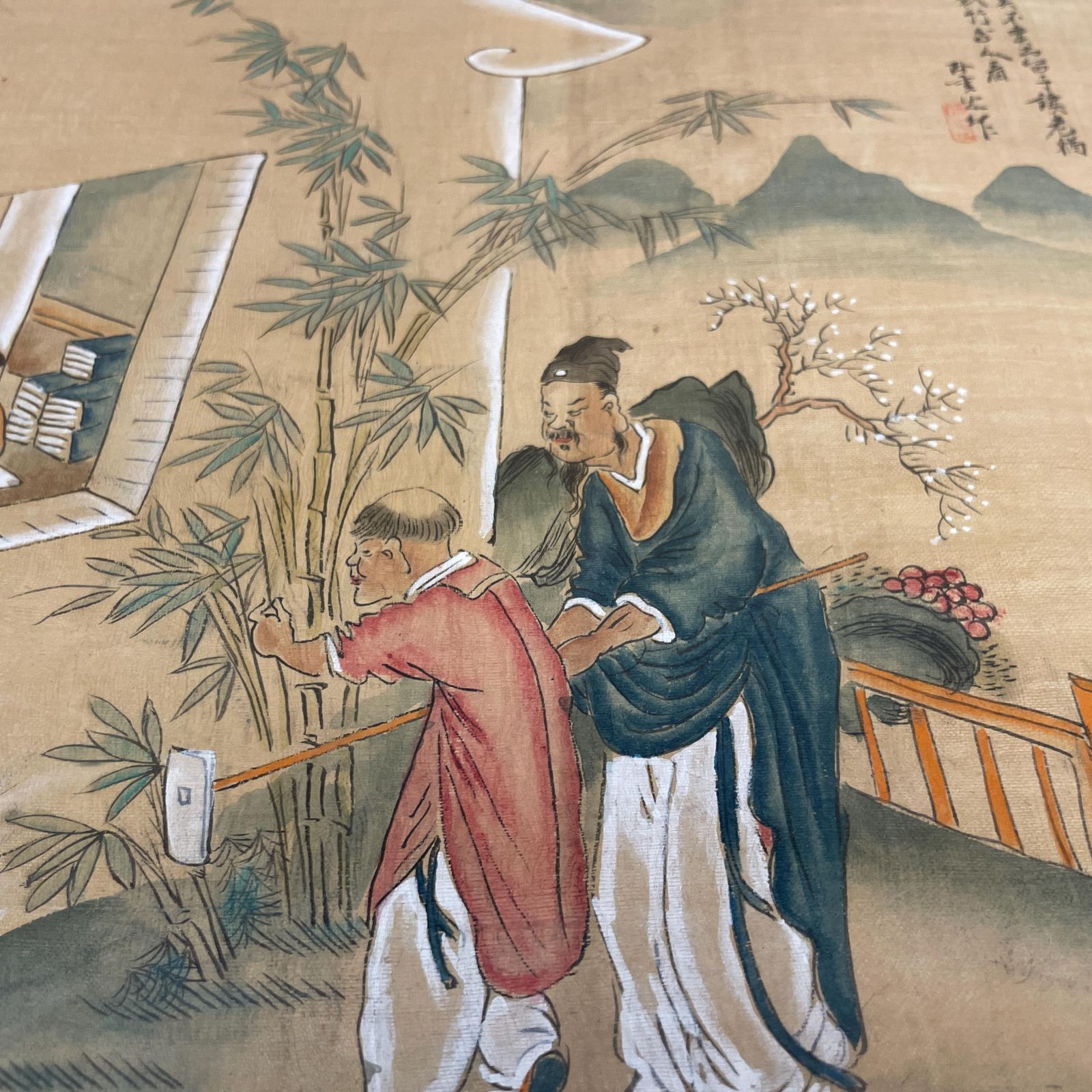 photo for sale Pair Of Antique Japanese Oriental Art Hand Painted 43x34cm Picture Wood Black Frame Framed Original Art Work Old Fabric Cloth