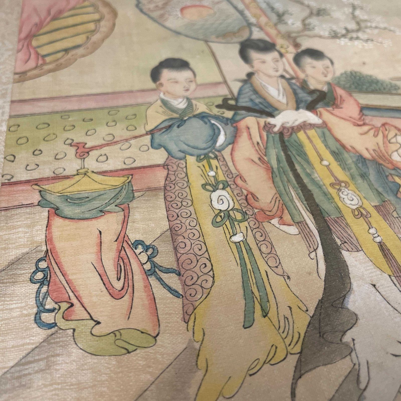 photo vintage Pair Of Antique Japanese Oriental Art Hand Painted 43x34cm Picture Wood Black Frame Framed Original Art Work Old Fabric Cloth
