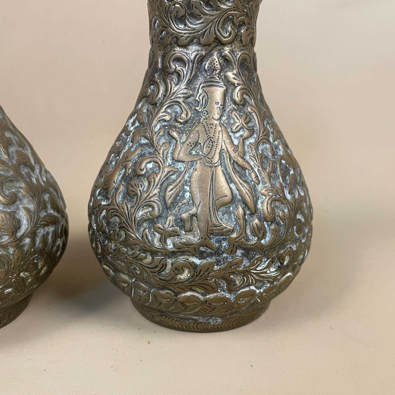 Pair Of Antique Metal Gold Indian Patterned Brass Vase Pot Planter Jardiniere Asian Handmade Engraved Etched Intricate Vintage Decorative photo for sale