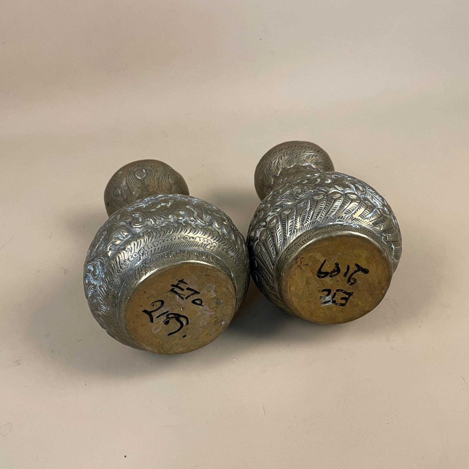 photo furniture Pair Of Antique Metal Gold Indian Patterned Brass Vase Pot Planter Jardiniere Asian Handmade Engraved Etched Intricate Vintage Decorative