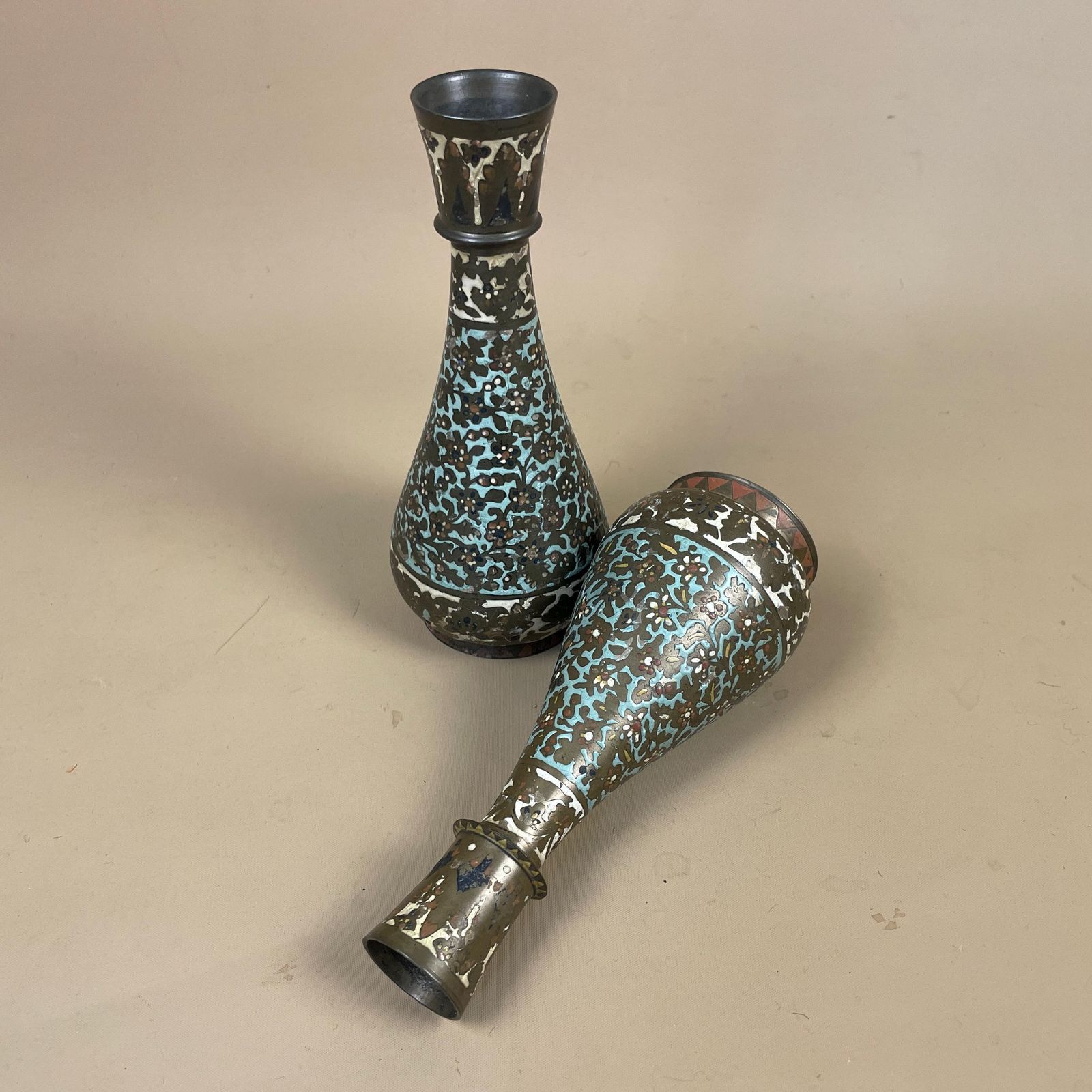 Pair Of Antique Metal Gold Indian Patterned Brass Vase Pot Planter Jardiniere Asian Handmade Engraved Enamel Intricate Vintage Decorative photo furniture