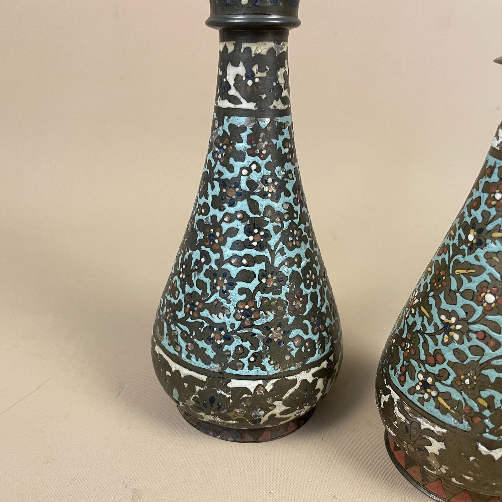 Pair Of Antique Metal Gold Indian Patterned Brass Vase Pot Planter Jardiniere Asian Handmade Engraved Enamel Intricate Vintage Decorative photo vinterior