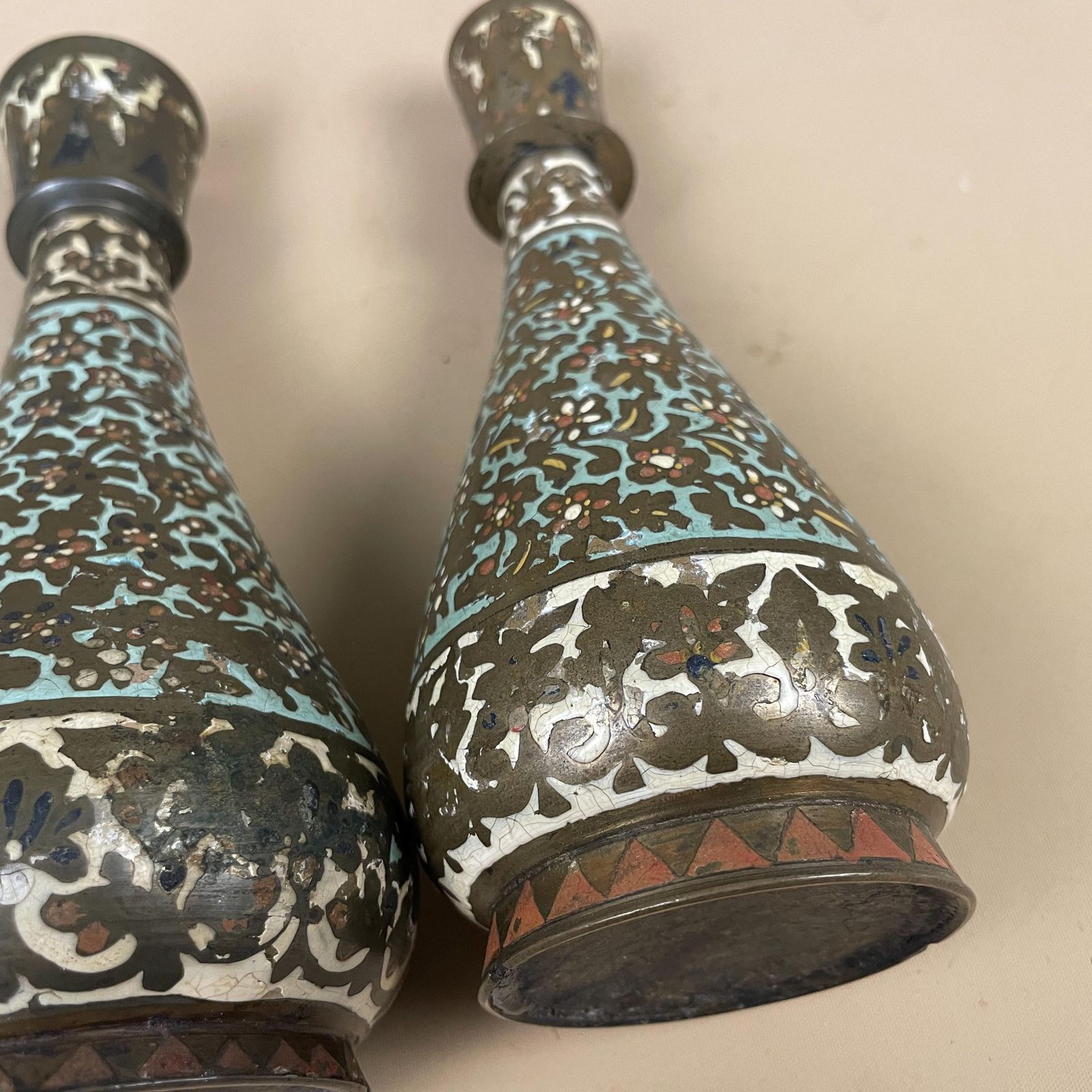 photo for sale Pair Of Antique Metal Gold Indian Patterned Brass Vase Pot Planter Jardiniere Asian Handmade Engraved Enamel Intricate Vintage Decorative