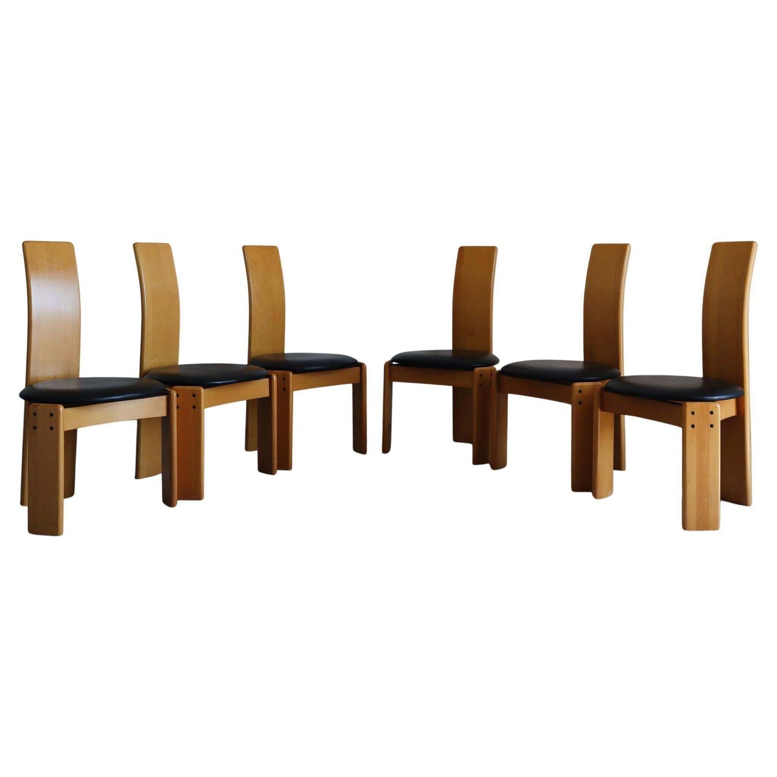 Set Of Six Italian Wood Chairs Leather Seats By Afra E Tobia Scarpa, 1970s