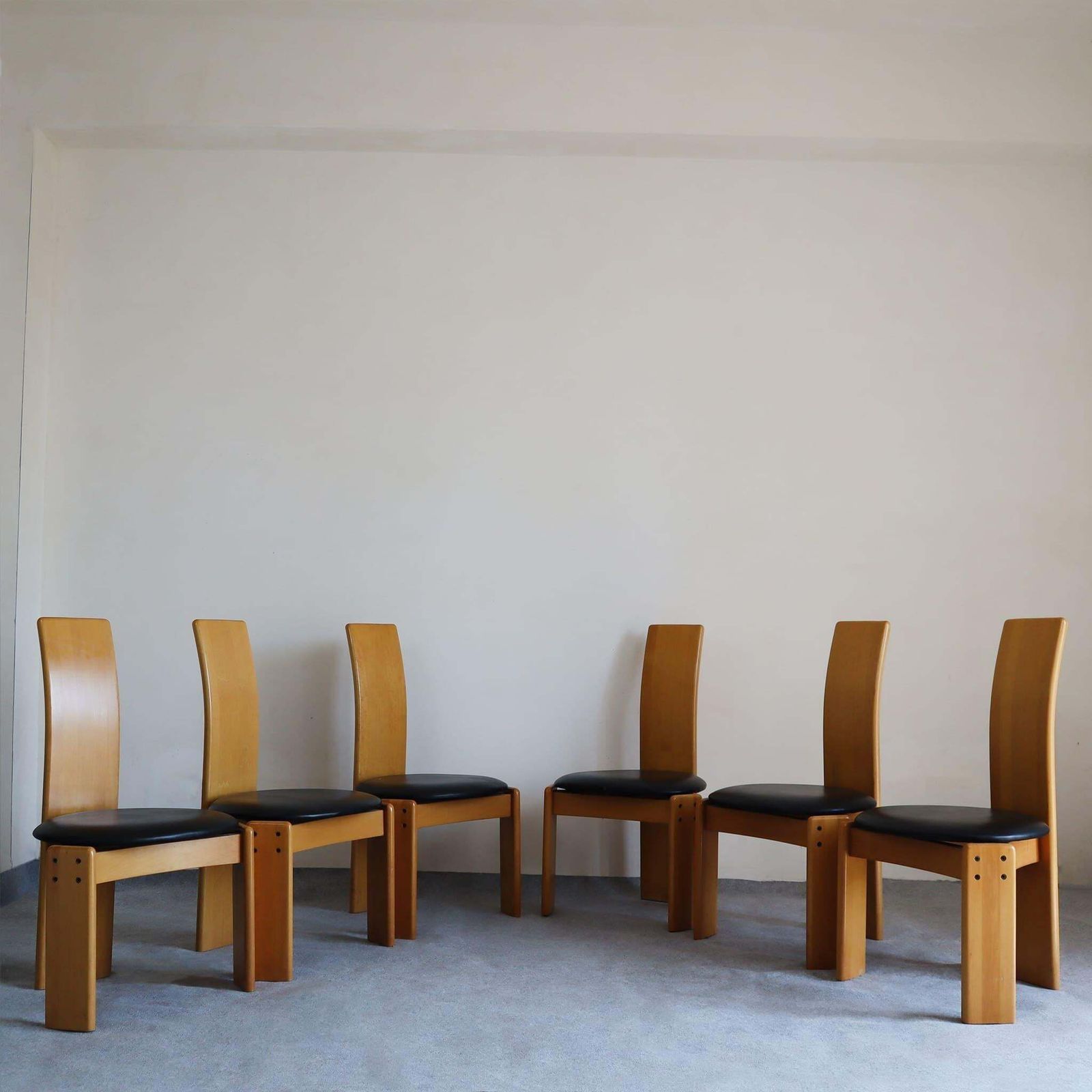 Set Of Six Italian Wood Chairs Leather Seats By Afra E Tobia Scarpa, 1970s photo furniture