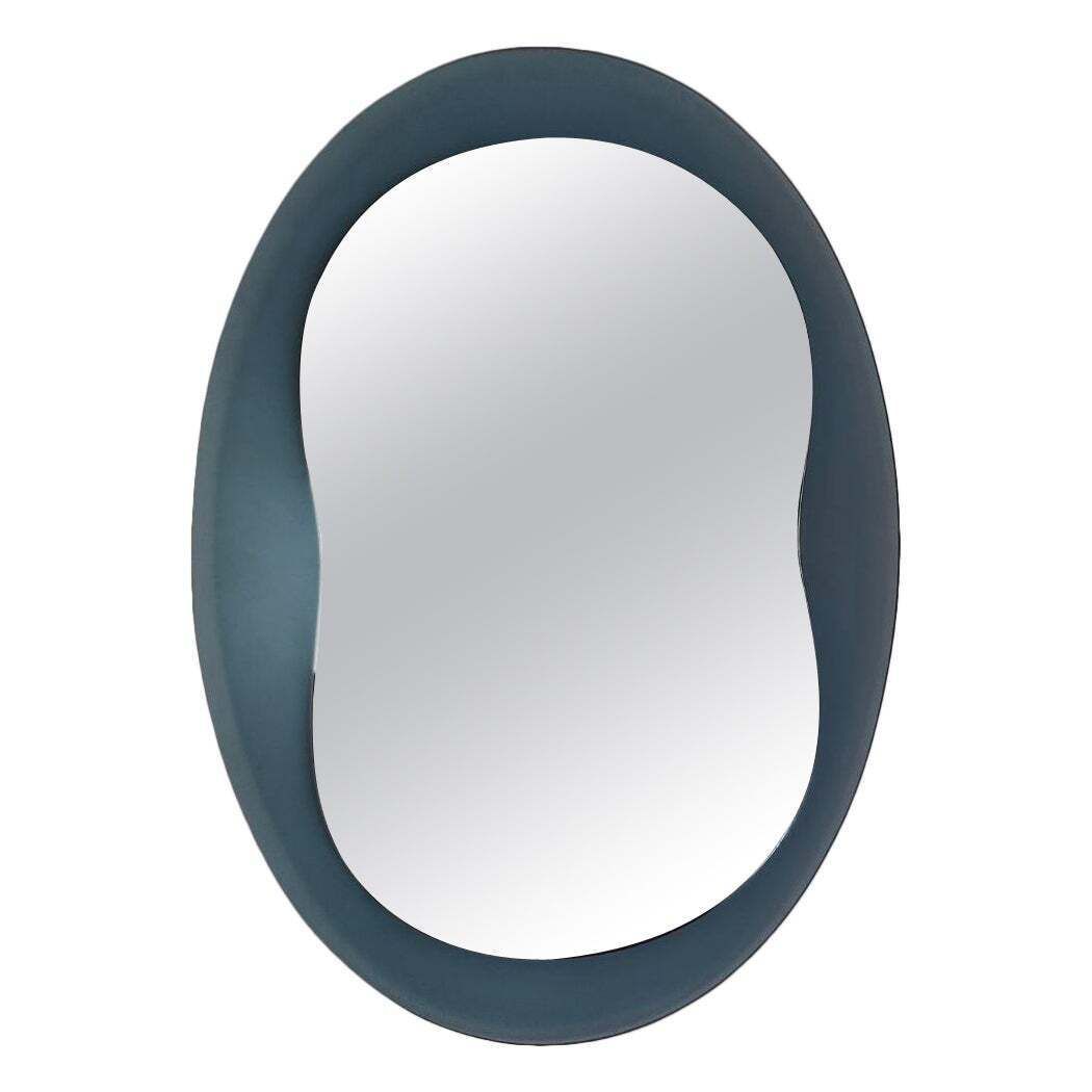Italian Oval Blue Glass Mirror In The Style Of Veca, 1970s