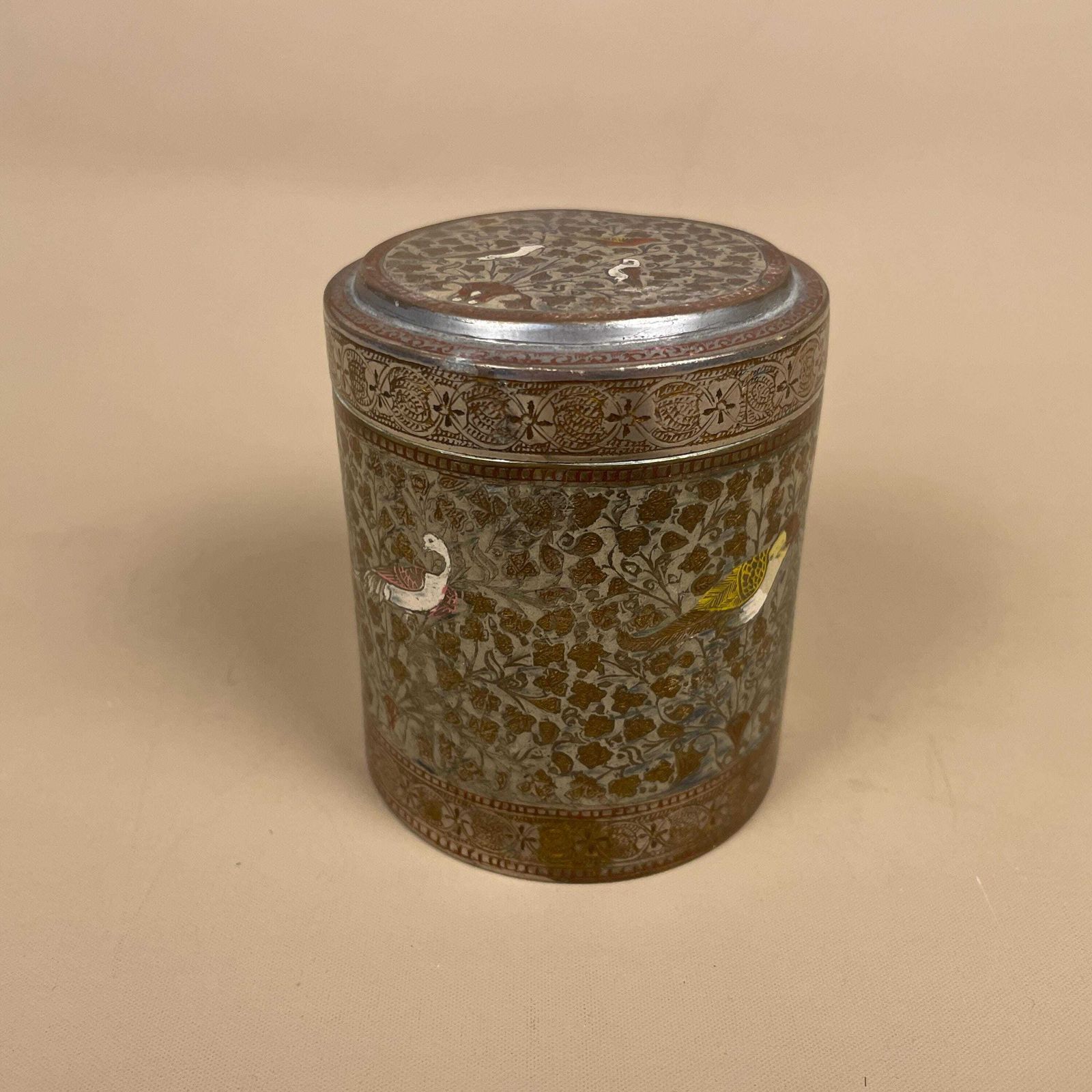 Antique Metal Gold Indian Patterned Brass Pot Lidded Lid Cylinder Asian Round Handmade Engraved Intricate Vintage Decorative Traditional photo furniture