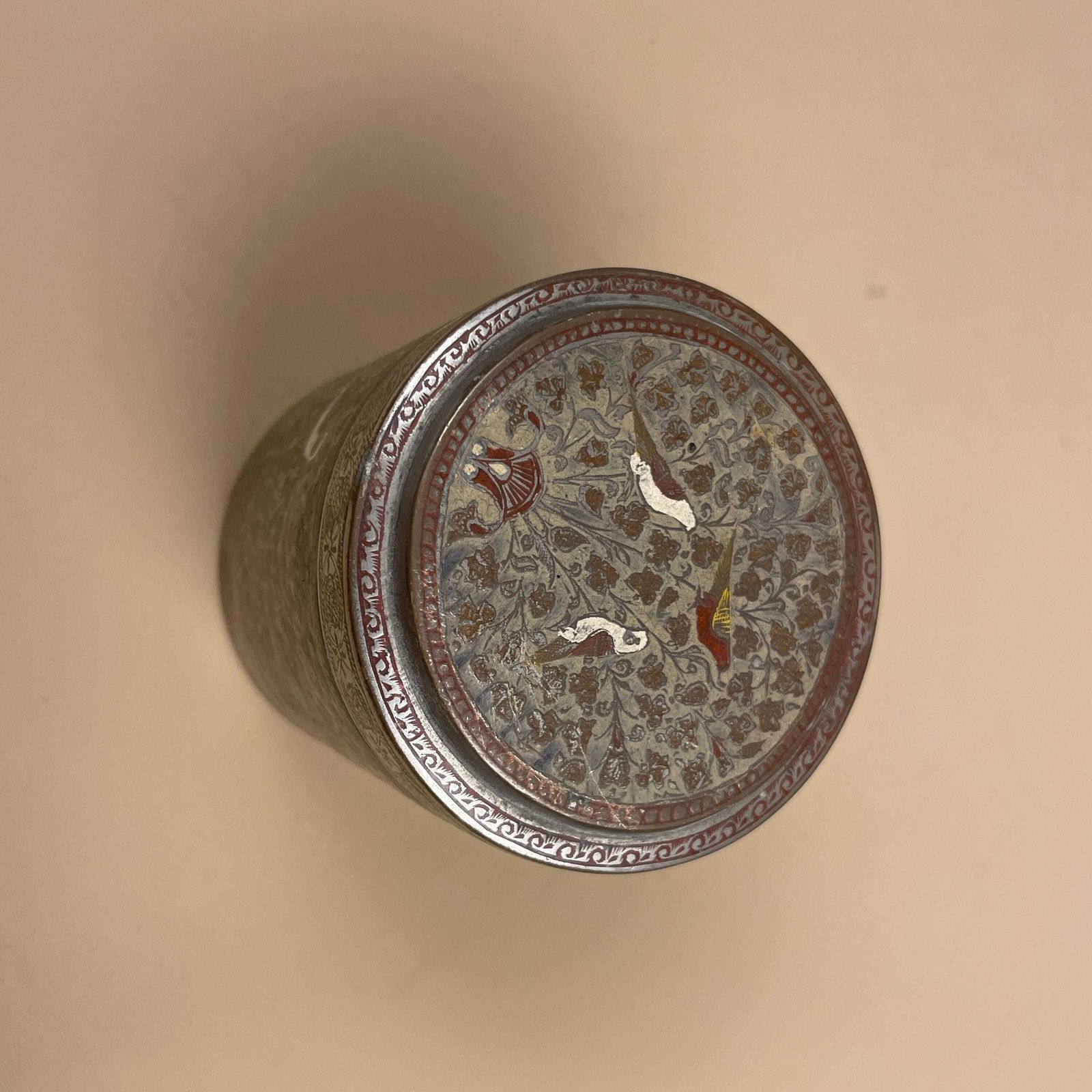 Antique Metal Gold Indian Patterned Brass Pot Lidded Lid Cylinder Asian Round Handmade Engraved Intricate Vintage Decorative Traditional photo vintage