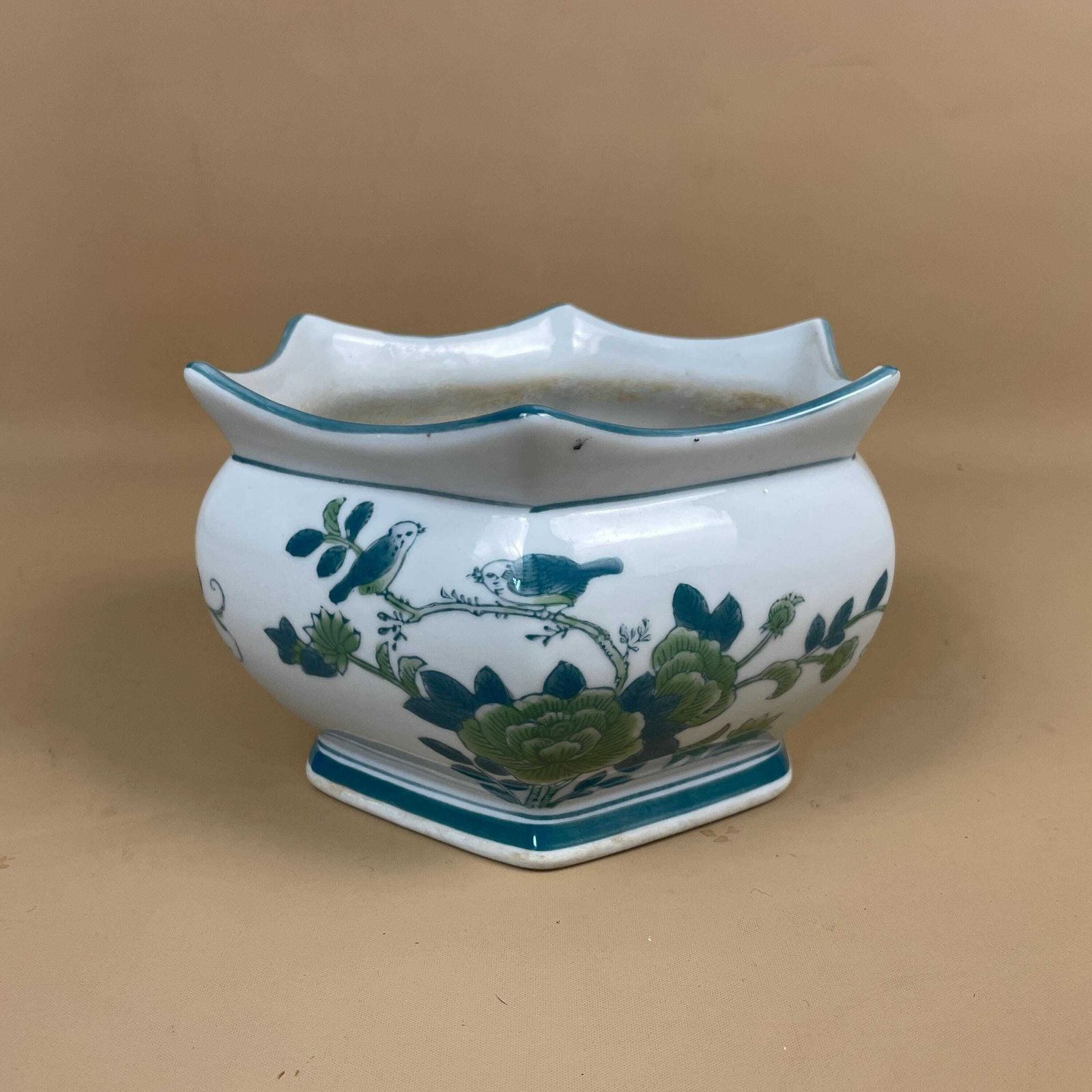 Vintage Ceramic Planter Pot Bird Floral Design Scalloped Rim Japanese Cachepot Hand Painted Vase Green White Table Bowl Display