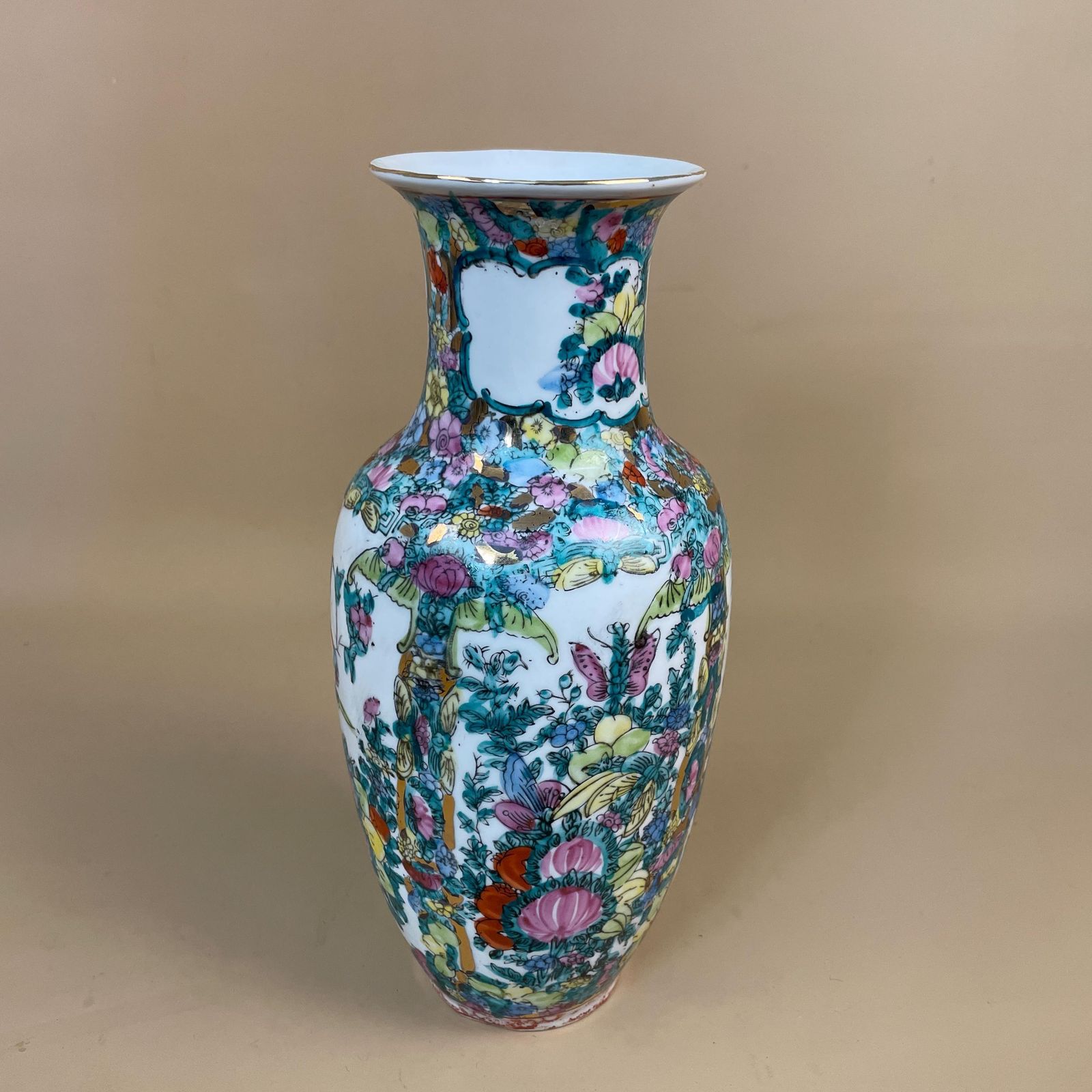 Vintage Oriental Ceramic Vase Floral Butterfly Design Hand Painted Chinese Porcelain Mid Century Asian Table Flower Display photo furniture