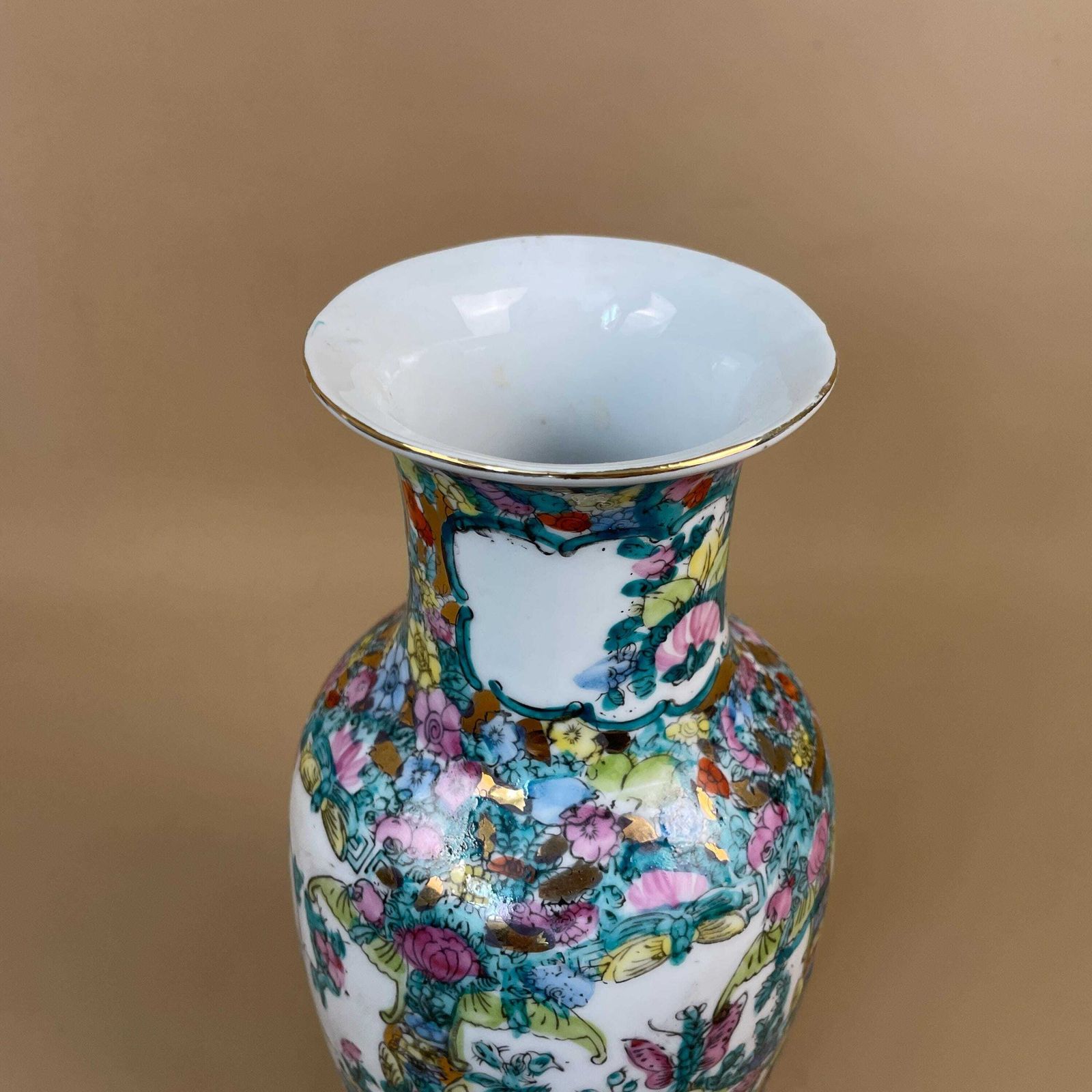 Vintage Oriental Ceramic Vase Floral Butterfly Design Hand Painted Chinese Porcelain Mid Century Asian Table Flower Display photo for sale