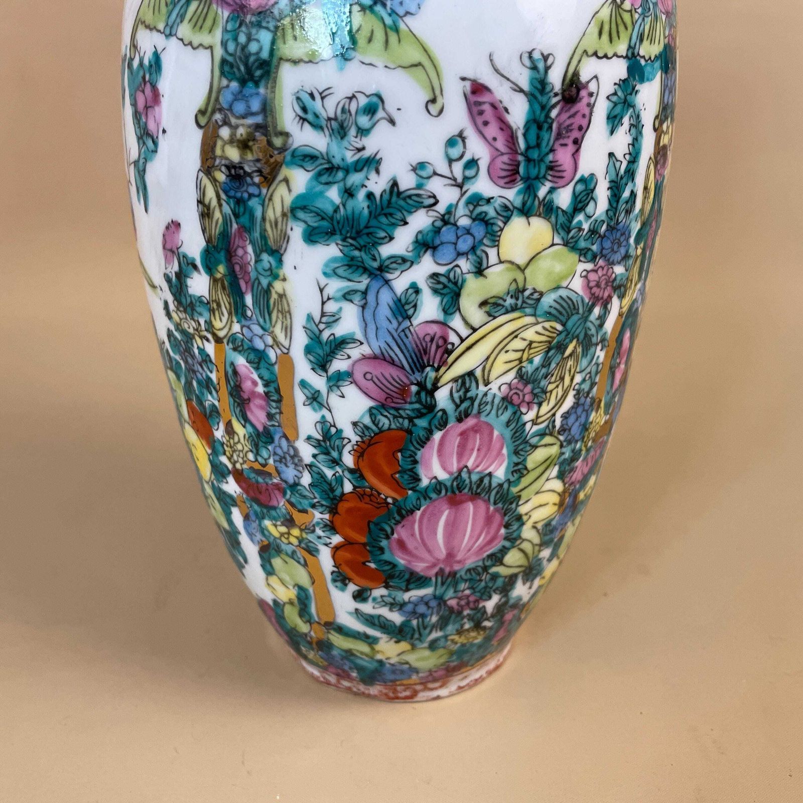 Vintage Oriental Ceramic Vase Floral Butterfly Design Hand Painted Chinese Porcelain Mid Century Asian Table Flower Display photo 92.0