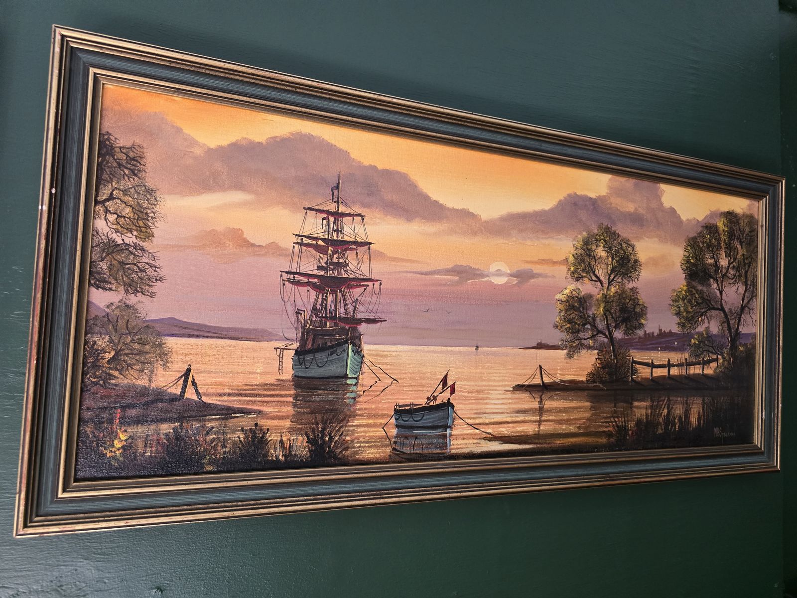 W.H.Stockman Seascape Original Oil Painting – Tall Ship At Sunset photo Art