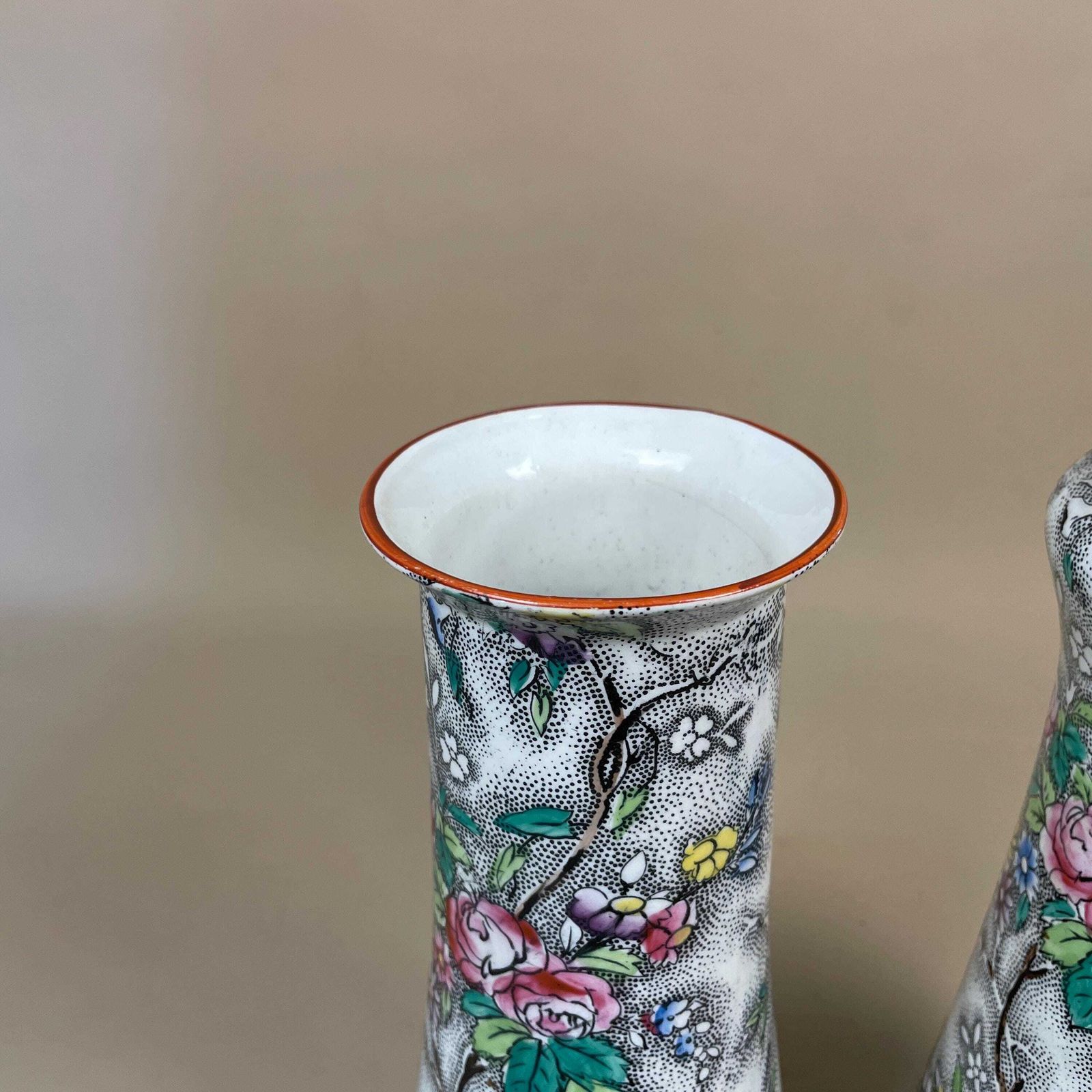 Pair Floral Ceramic Vases Decorative Display Hand Painted Chinoiserie Oriental Flower Vases Mid Century Made In England Pots X2 White photo Home Decor