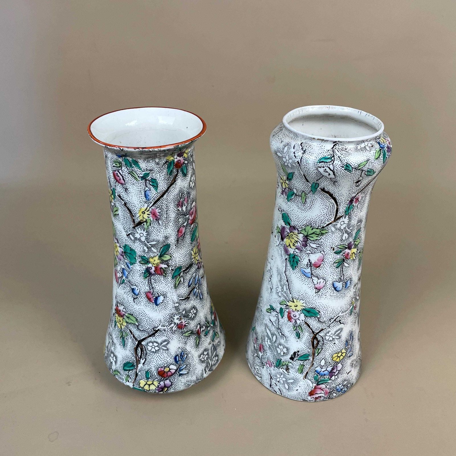 Pair Floral Ceramic Vases Decorative Display Hand Painted Chinoiserie Oriental Flower Vases Mid Century Made In England Pots X2 White photo vintage