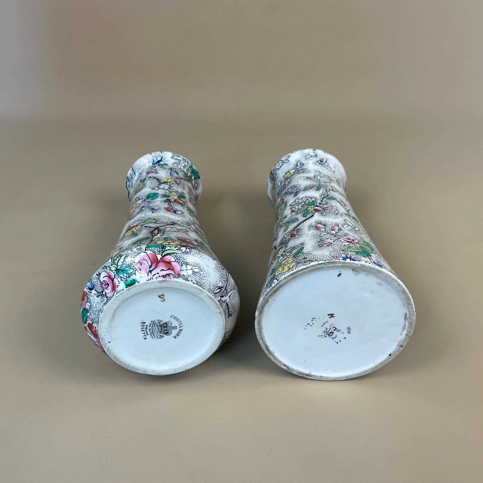 photo for sale Pair Floral Ceramic Vases Decorative Display Hand Painted Chinoiserie Oriental Flower Vases Mid Century Made In England Pots X2 White